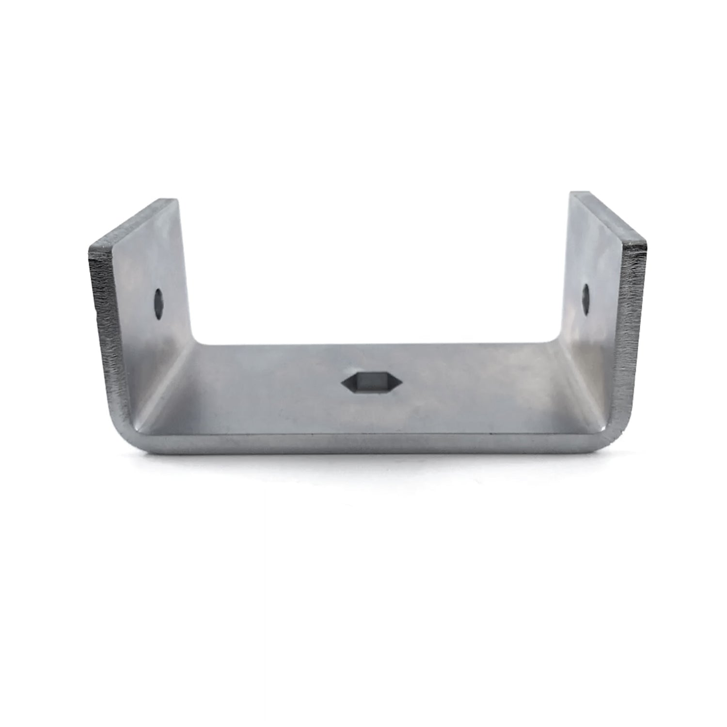 The Auger Tool is a U-shaped metal bracket made of galvanized steel, featuring a hexagonal center opening and two holes on each side. Its smooth gray finish is ideal for deck foot installation. It stands upright against a plain white background.