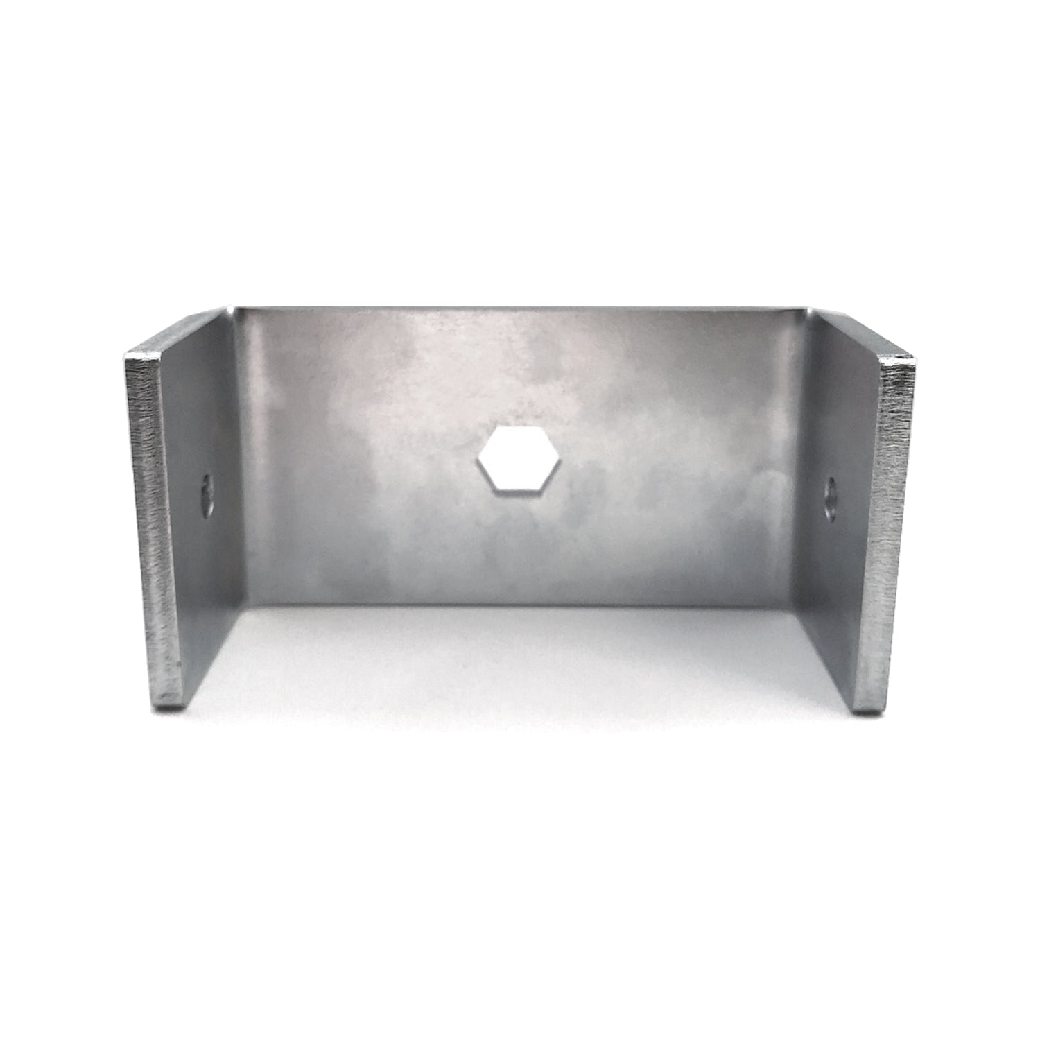 The Auger Tool is a galvanized steel L-shaped bracket with a hexagonal hole in the center, shown from the front on a white background. Perfect for Deck Foot installation, its design promises strong stability and long-lasting durability.