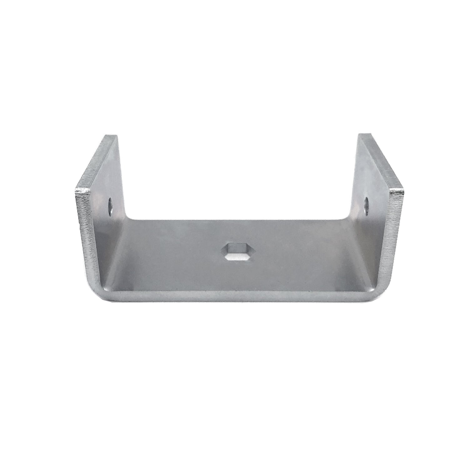 A galvanized steel U-shaped mounting bracket with side holes, ideal for Deck Foot installation, is marketed on a plain white background. The product name is Auger Tool.