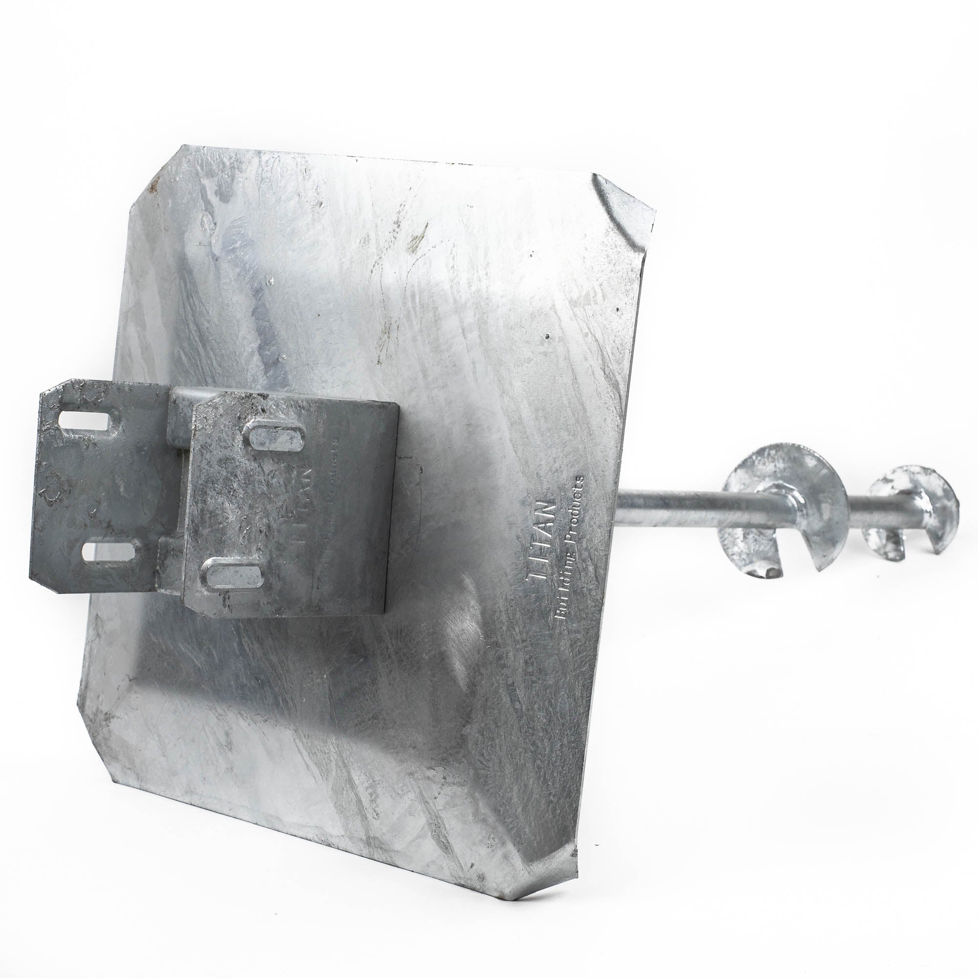 The Deck Foot - Floating - Ground Contact is a large metal auger anchor with a square flat plate and helical screw. Its weathered silver look stands out against a white background, perfect for securing freestanding decks with ground-anchored footings.