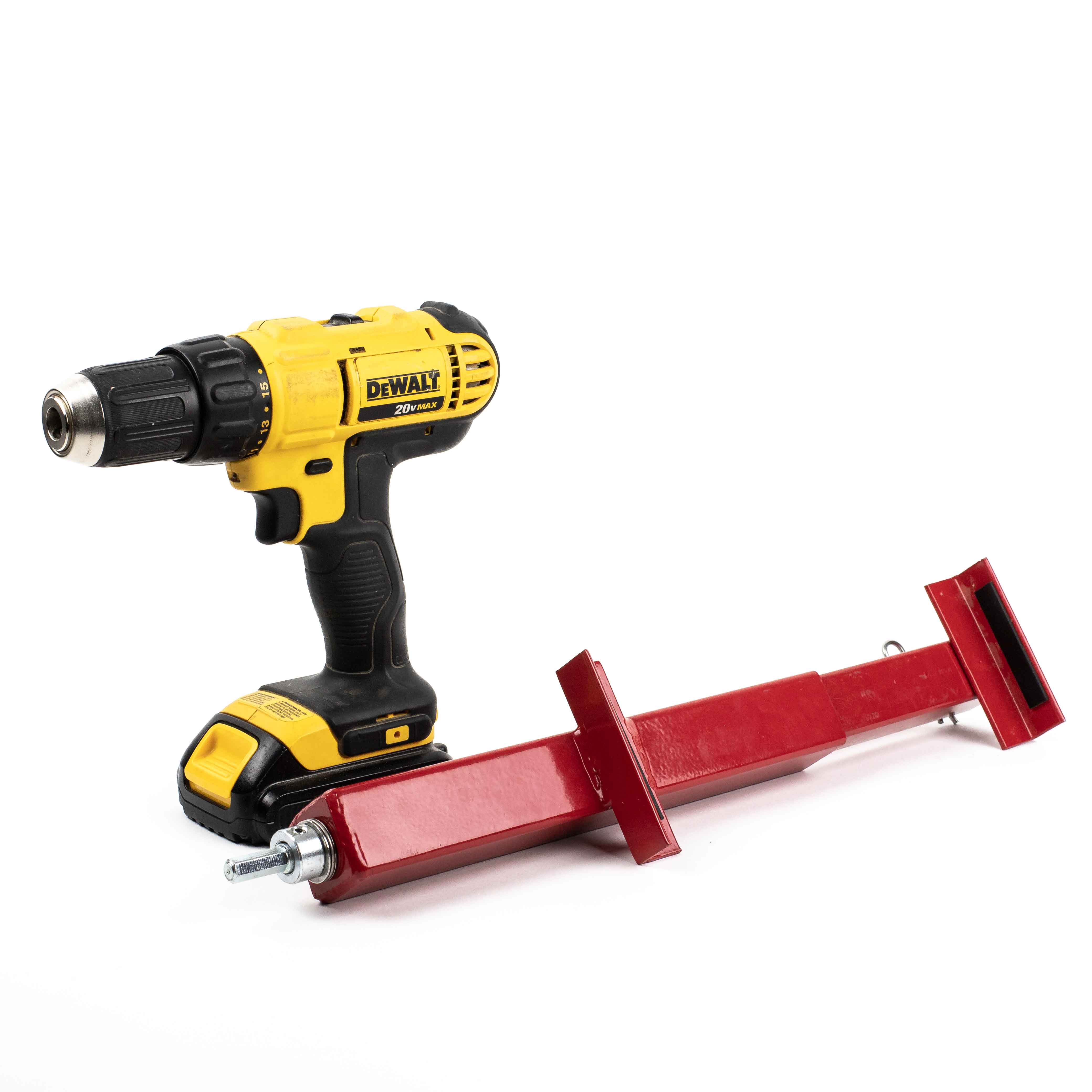 A yellow and black DeWalt power drill with a battery pack sits next to a red Deck Devil Board Straightener by Titan. Ideal for precise support, the straightener is designed for reinforcement or locking tasks, adding extra strength to your projects.