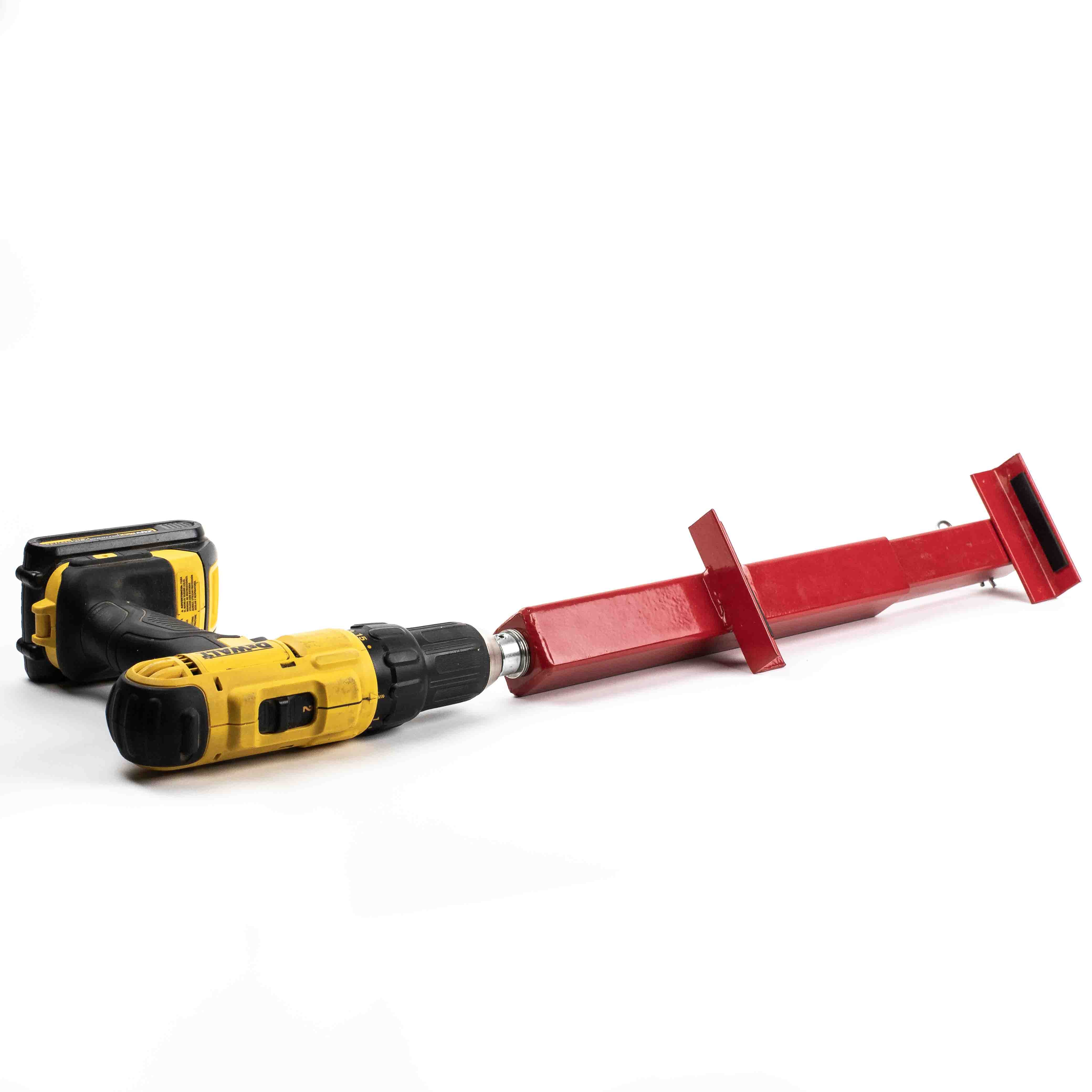 The Deck Devil Board Straightener by Titan is paired with a red metal jack lifting tool, highlighting its telescopic device capabilities on a crisp white background.