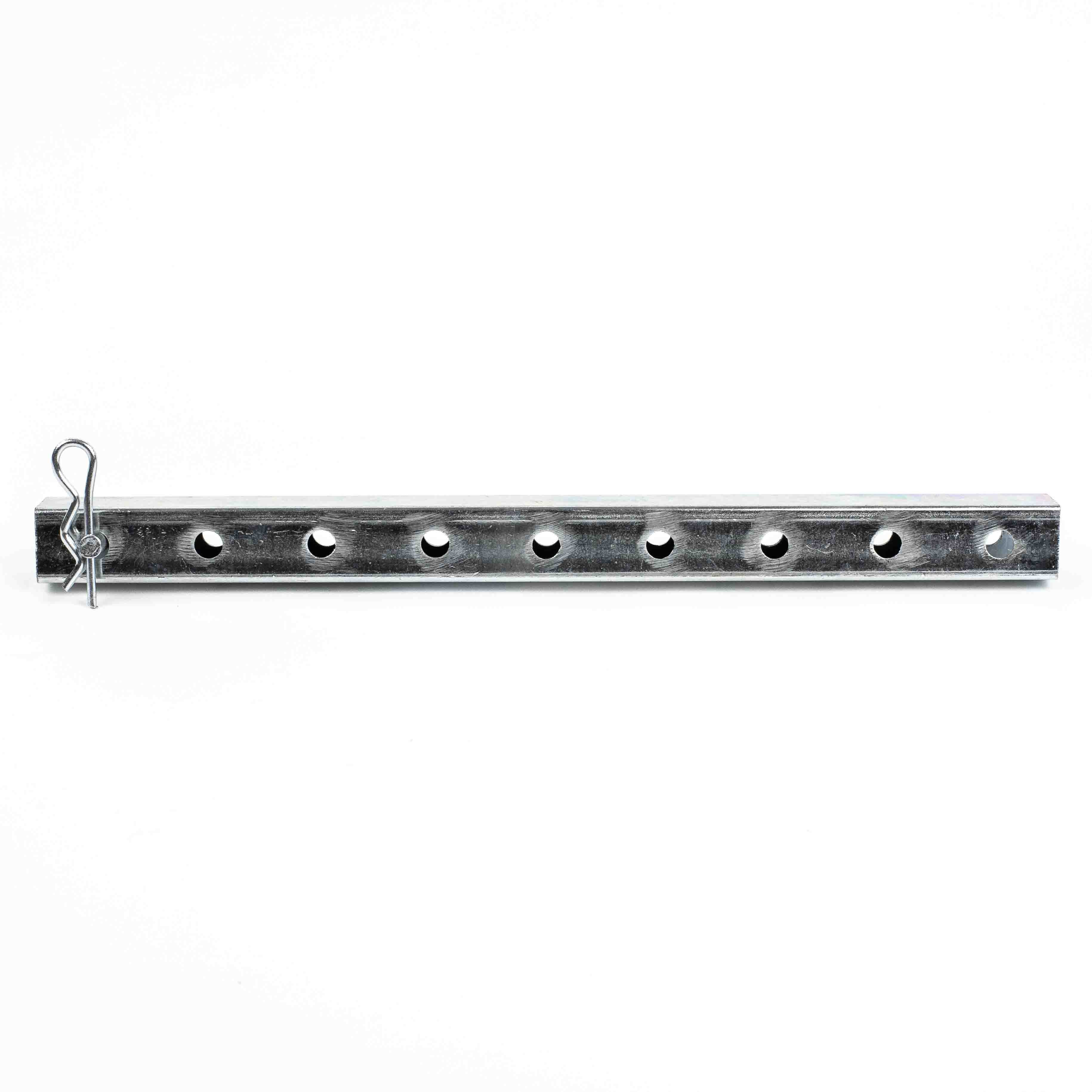 The Deck Devil Board Straightener by Titan is a metal bar with seven evenly spaced holes for precise leverage. A cotter pin fits into one hole, ensuring stability. It boasts a shiny, reflective finish and is displayed against a plain white background to highlight its functionality.