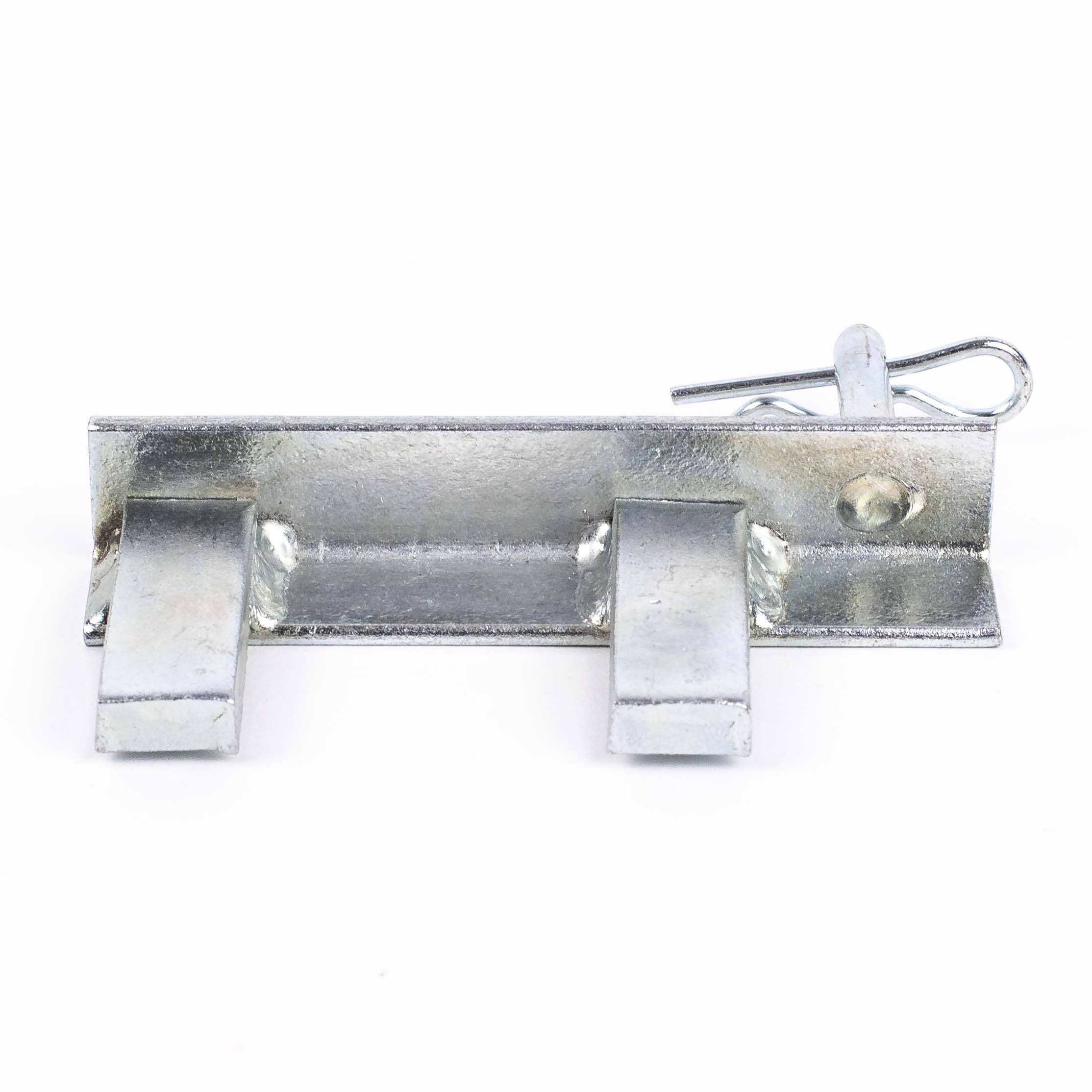 The Deck Devil Board Straightener by Titan, with a shiny silver finish, features two metal prongs and a hooked pin for mounting. It rests against a plain white background.