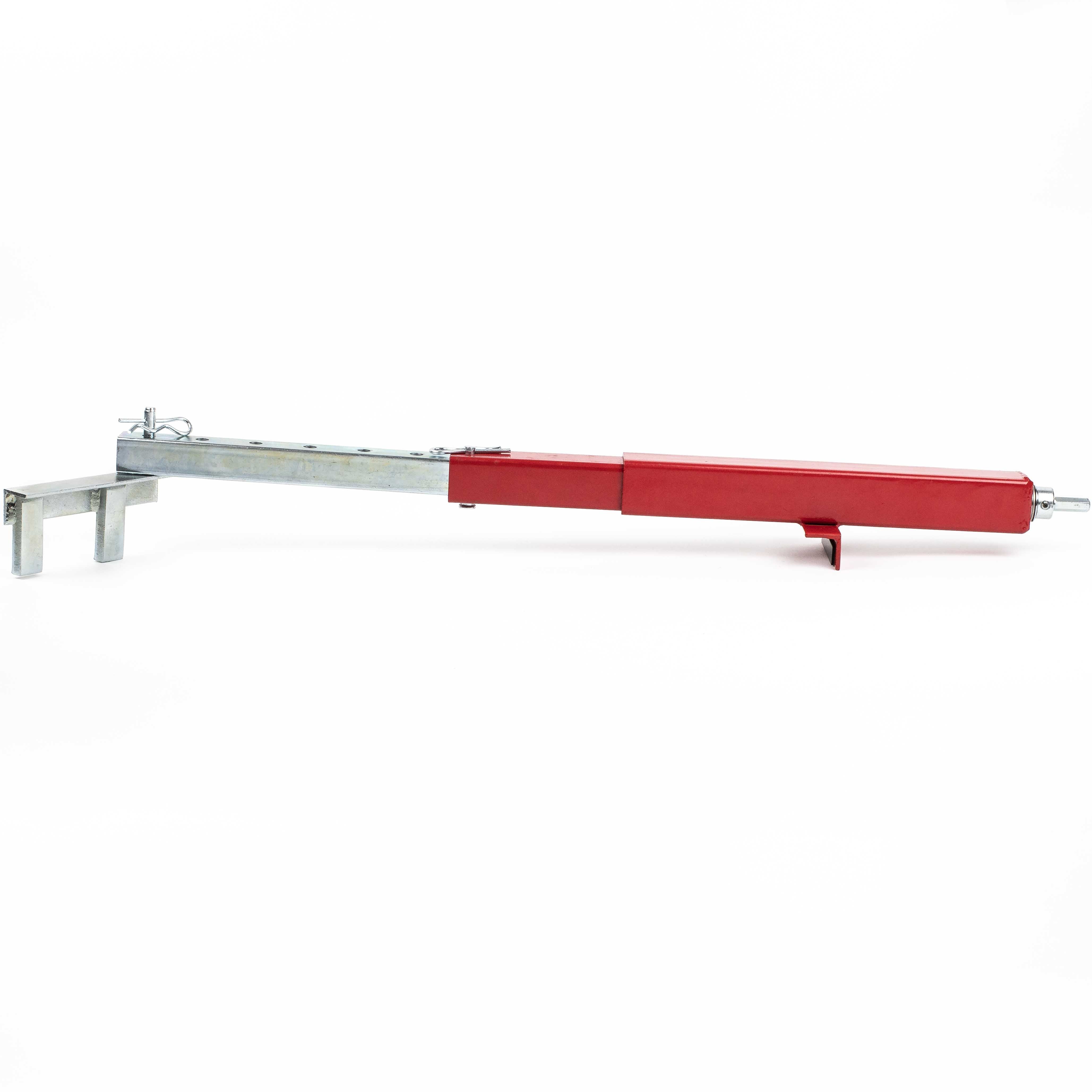 The image shows the Deck Devil Board Straightener by Titan, a red and silver metal lever tool with a long handle and hook mechanism. This telescopic device delivers precise push or pull power, ideal for construction or industrial use against a white background.
