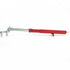 The image shows the Deck Devil Board Straightener by Titan, a red and silver metal lever tool with a long handle and hook mechanism. This telescopic device delivers precise push or pull power, ideal for construction or industrial use against a white background.