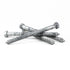 Four 3/8x5 Galv. Hex Head Lag Screws are scattered on a white background, showcasing their coarse threads and robust, industrial design with a crisscross arrangement that highlights their metallic texture and shine.