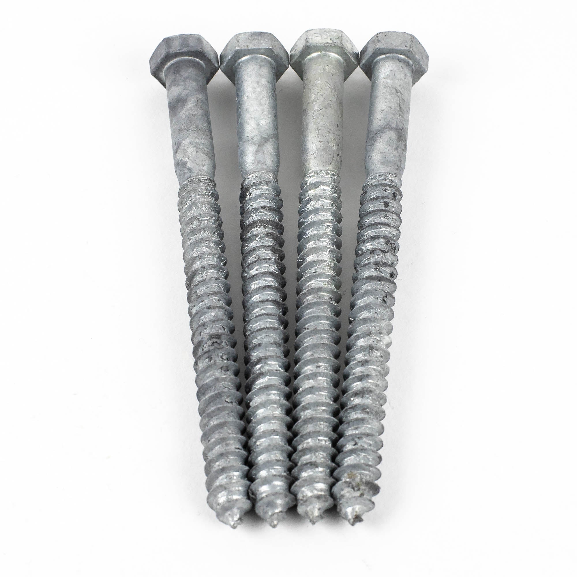 Aligned vertically on a white background, the 3/8x5 Galv. Hex Head Lag Screws (4 pcs) highlight their durability with hot dip galvanized and threaded shafts.