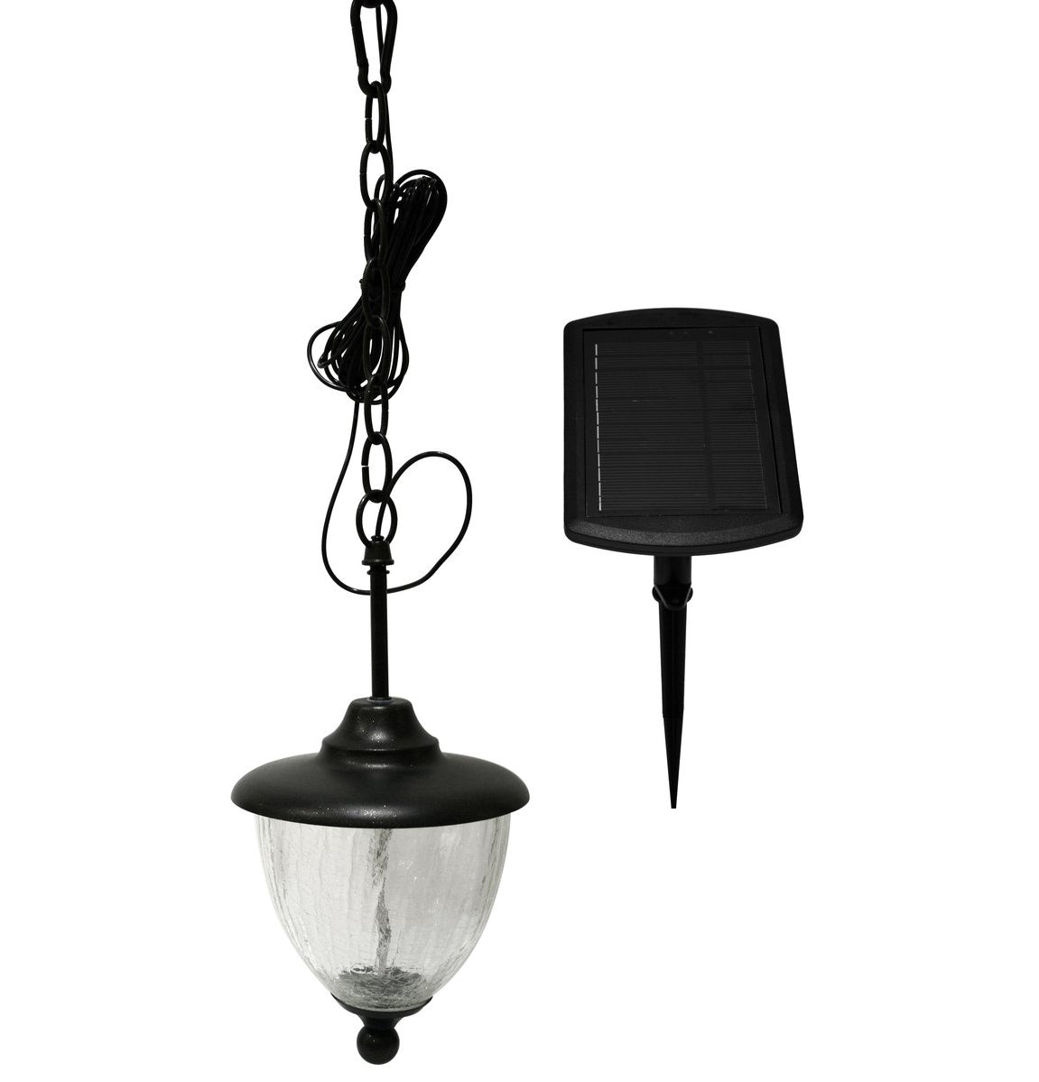 The Classy Eclipse Solar Hanging Chandelier has a crackled glass design and comes with a chain. It includes an LED lantern, sleek black solar panel, and spike for easy outdoor installation, perfect for enhancing your space decor.