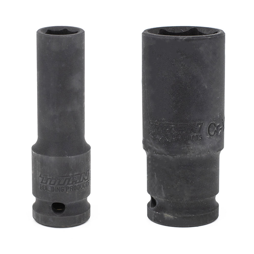 The Impact Socket Bundle features two black sockets, one slightly taller, placed on a white background. Made from durable chrome vanadium, these cylindrical tools have engraved sides and internal hexagonal openings for efficient tightening or loosening of nuts and bolts.
