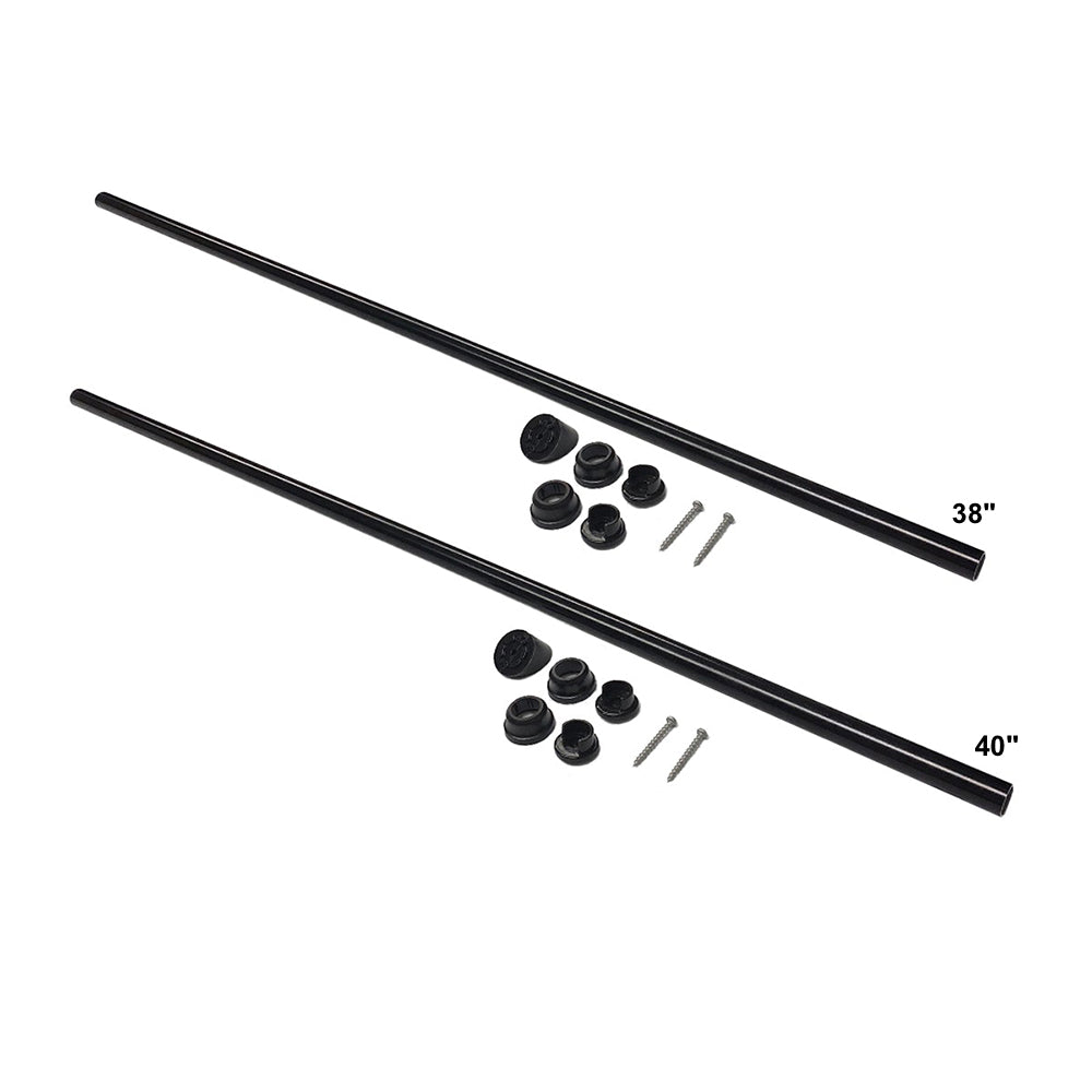 Two sleek black aluminum rods, measuring 38 inches and 40 inches, are ready for your stair rail installation. They come with eight matching black caps and four screws. These Indoor Snapn Lock® Stair Balusters (2 pack) - Open Stringer are displayed on a plain white background.