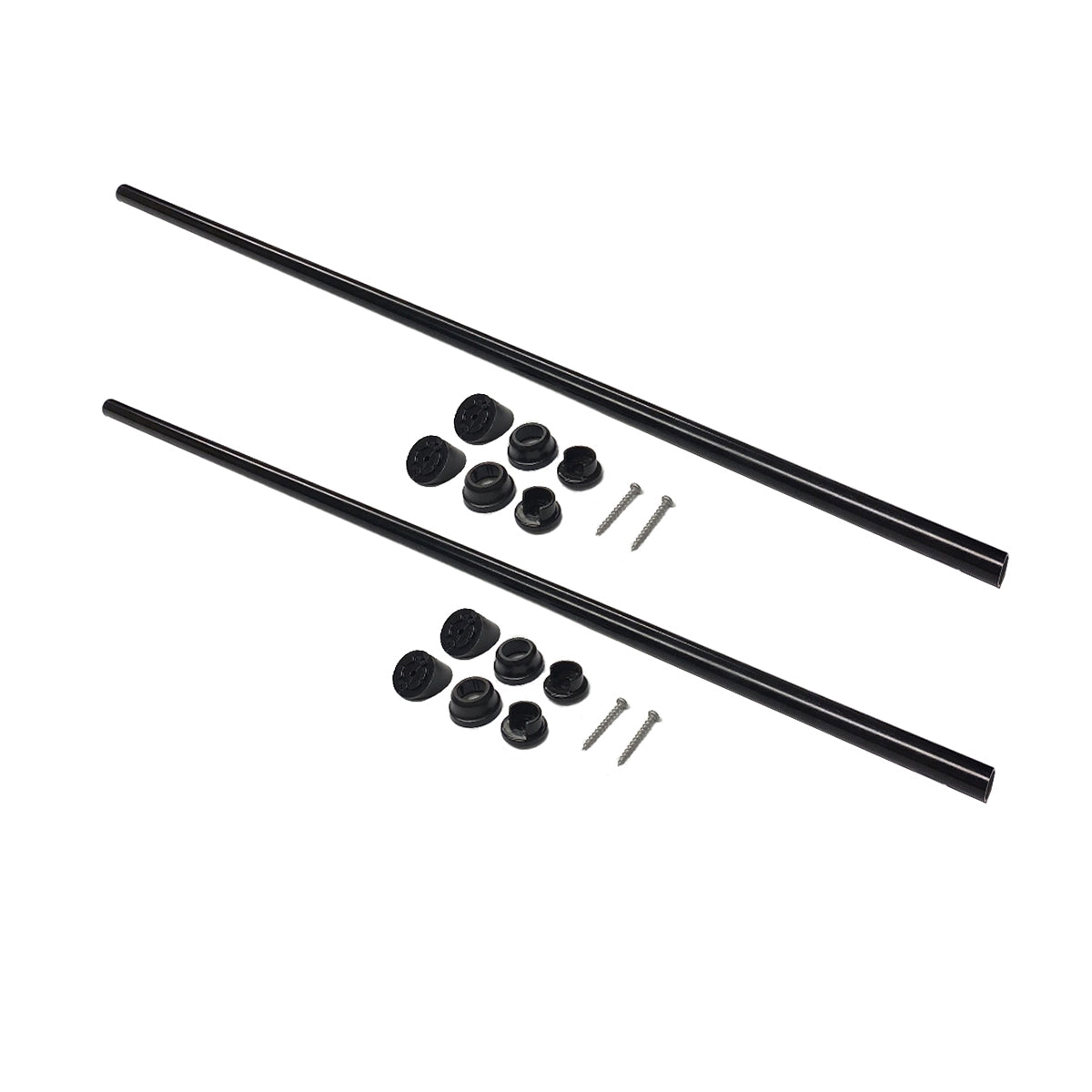 Displayed on a white background are two parallel Indoor Snapn Lock® Stair Balusters (2 Pack) - Closed Stringer, resembling sleek aluminum balusters. Black plastic end caps, screws, and anchors are symmetrically arranged between them.