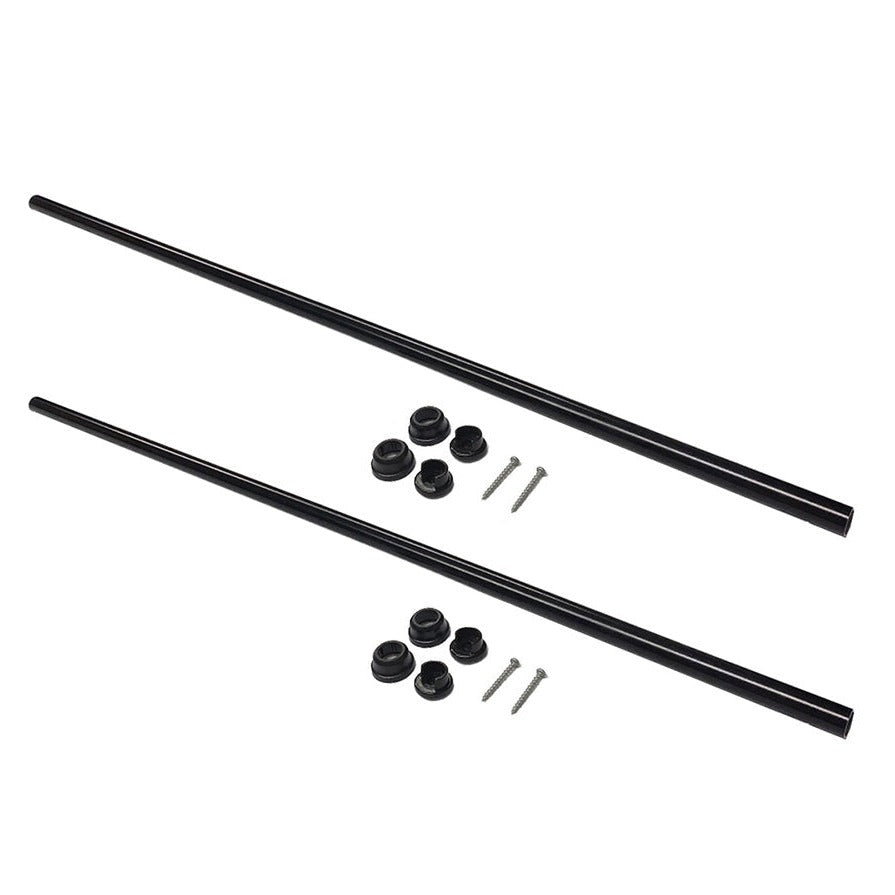 Two sleek Indoor Snapn Lock® Balusters (2 Pack), resembling black T6063 aluminum rods, are displayed parallel on a plain white background. Small black fittings and screws are neatly arranged in pairs above each baluster.