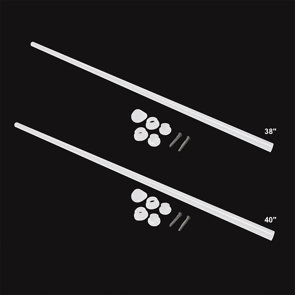 Two translucent white Indoor Snapn Lock® Stair Balusters (2 pack) - Open Stringer are shown diagonally with white circular fasteners and two black screws. Labeled with lengths: top 38 inches, bottom 40 inches, all set against a black background.