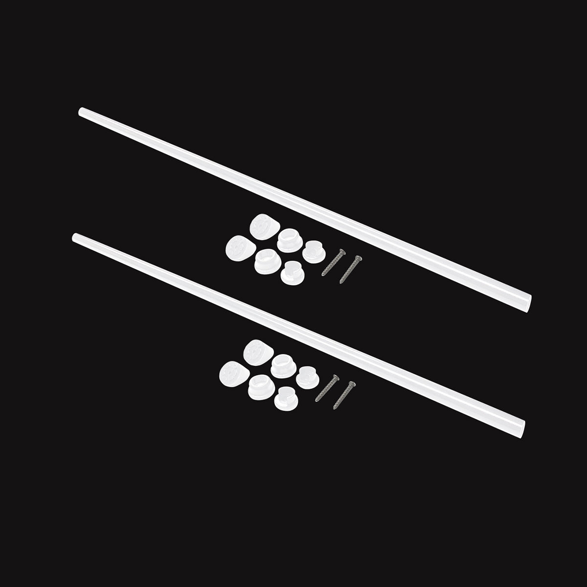 Two Indoor Snapn Lock® Stair Balusters (2 Pack) are laid horizontally on a black background, each with several small round mounts and screws, showcasing a touch of architectural elegance.