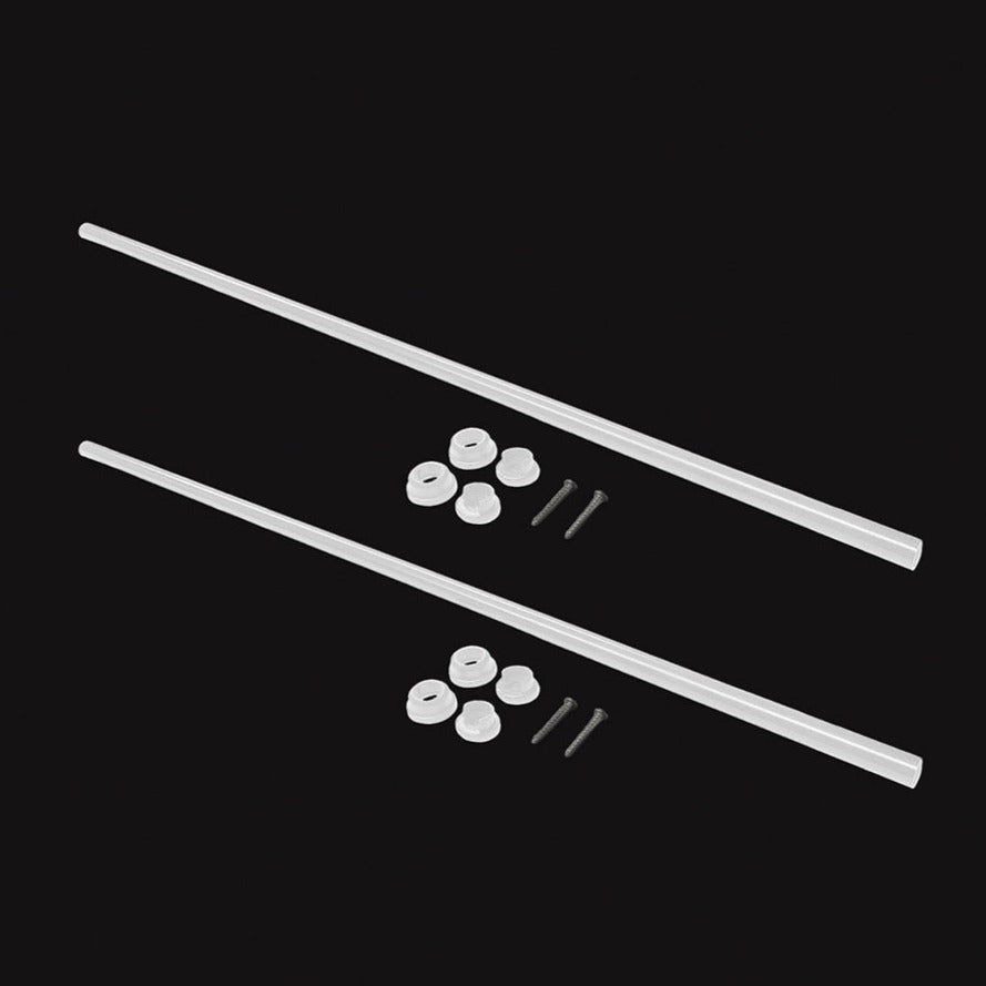 Two white Indoor Snapn Lock® Balusters, possibly made of T6063 aluminum, with round fixtures and screws are displayed on a black background.