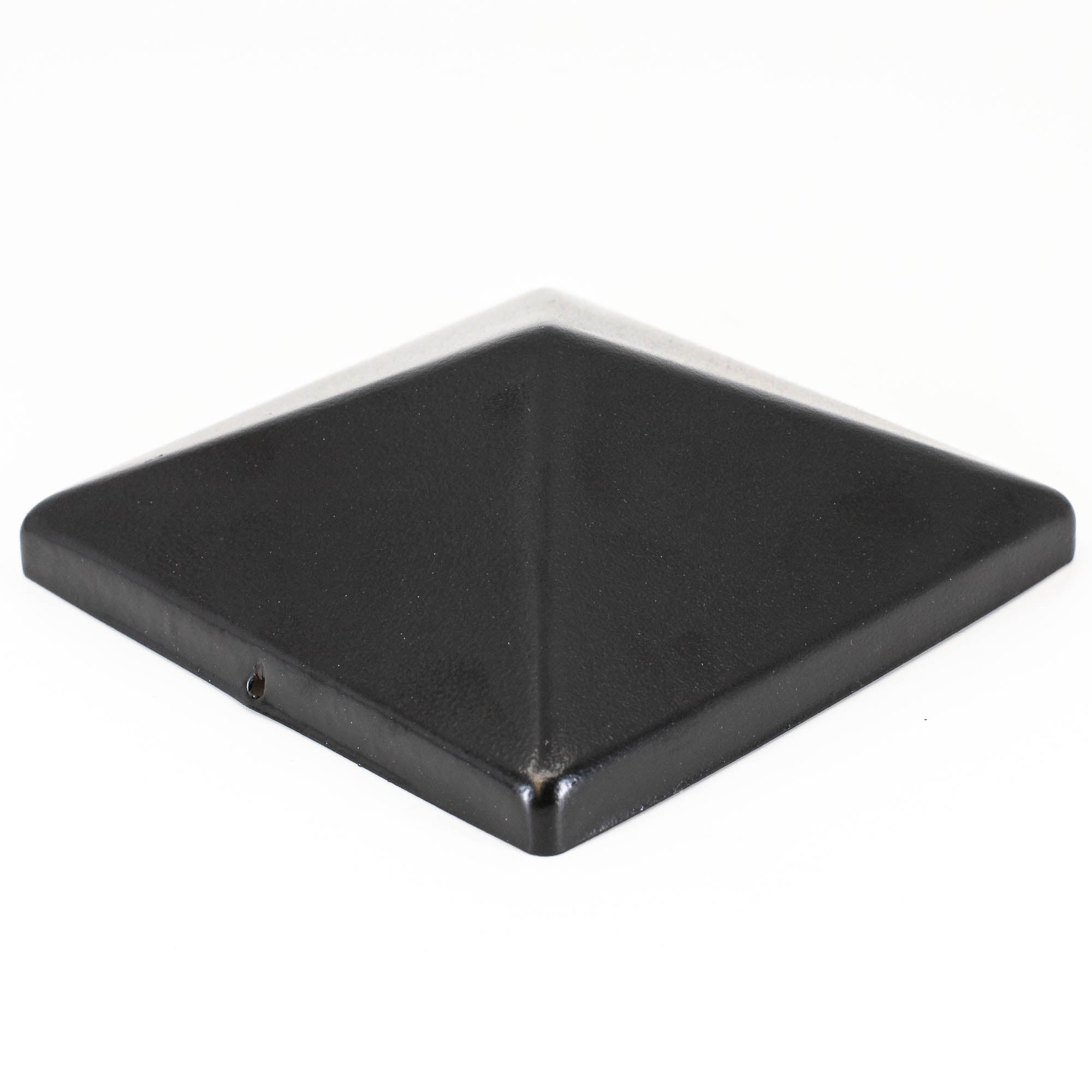 Against a plain white background sits a black, square-shaped post cap called Pyramid Metal Post Cap, with a flat base and smooth surface.