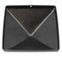 A square black metal amplifier pan with raised edges and a central diamond-shaped indent, created to reflect sound, has a small top hole resembling the mounting point found on a Pyramid Metal Post Cap.