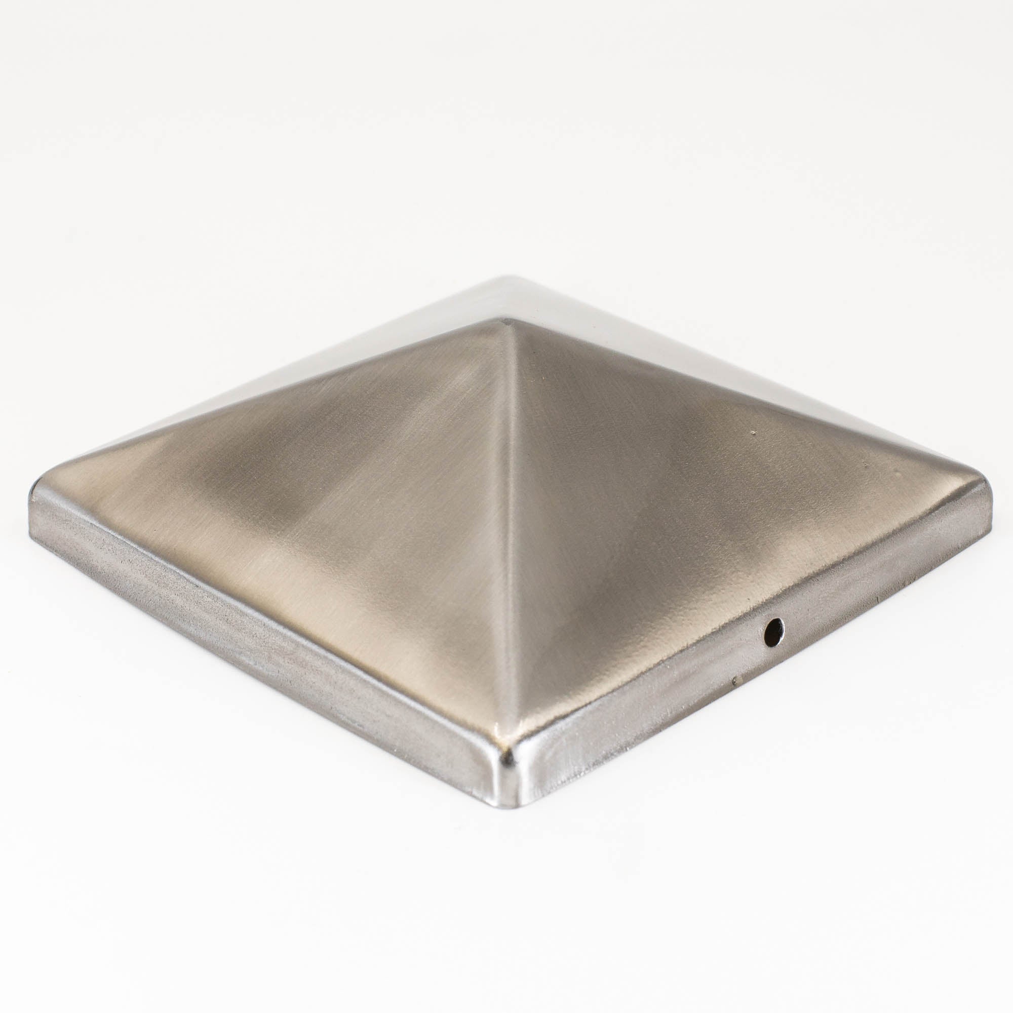 The Pyramid Metal Post Cap has a brushed finish and a four-sided pyramid shape, with a small hole for convenient compatibility with Titan Wood Post Anchors.