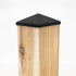 A Titan BP wooden fence post with a sleek Pyramid Metal Post Cap. The visible wood grain and knot add natural charm, contrasting perfectly with the glossy black cap. Set against a white background, it highlights both durability and style.