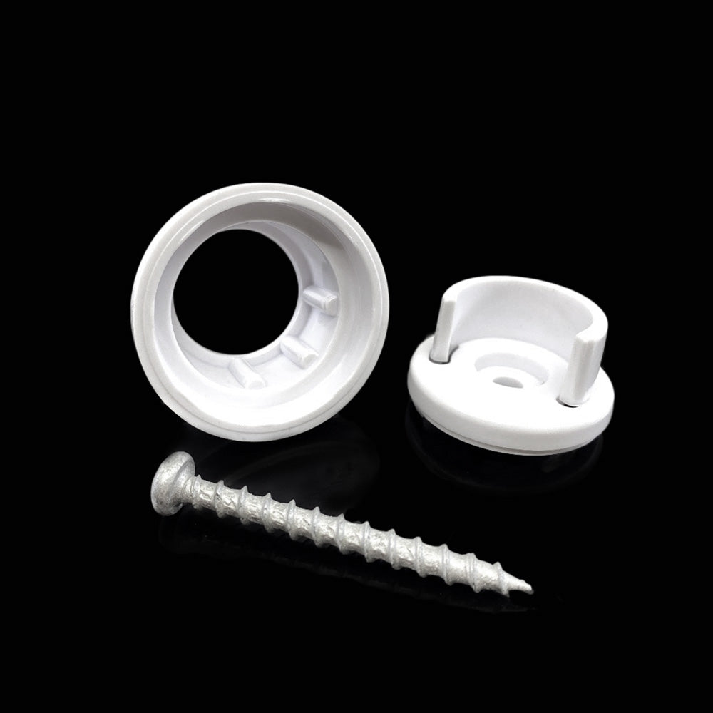 A silver screw and two white plastic wall plugs against a black background represent the precision of the Snapn Lock® Baluster Connectors Round 20 Pack, showcasing polycarbonate durability with a cylindrical plug and a slightly flattened one featuring a circular opening.