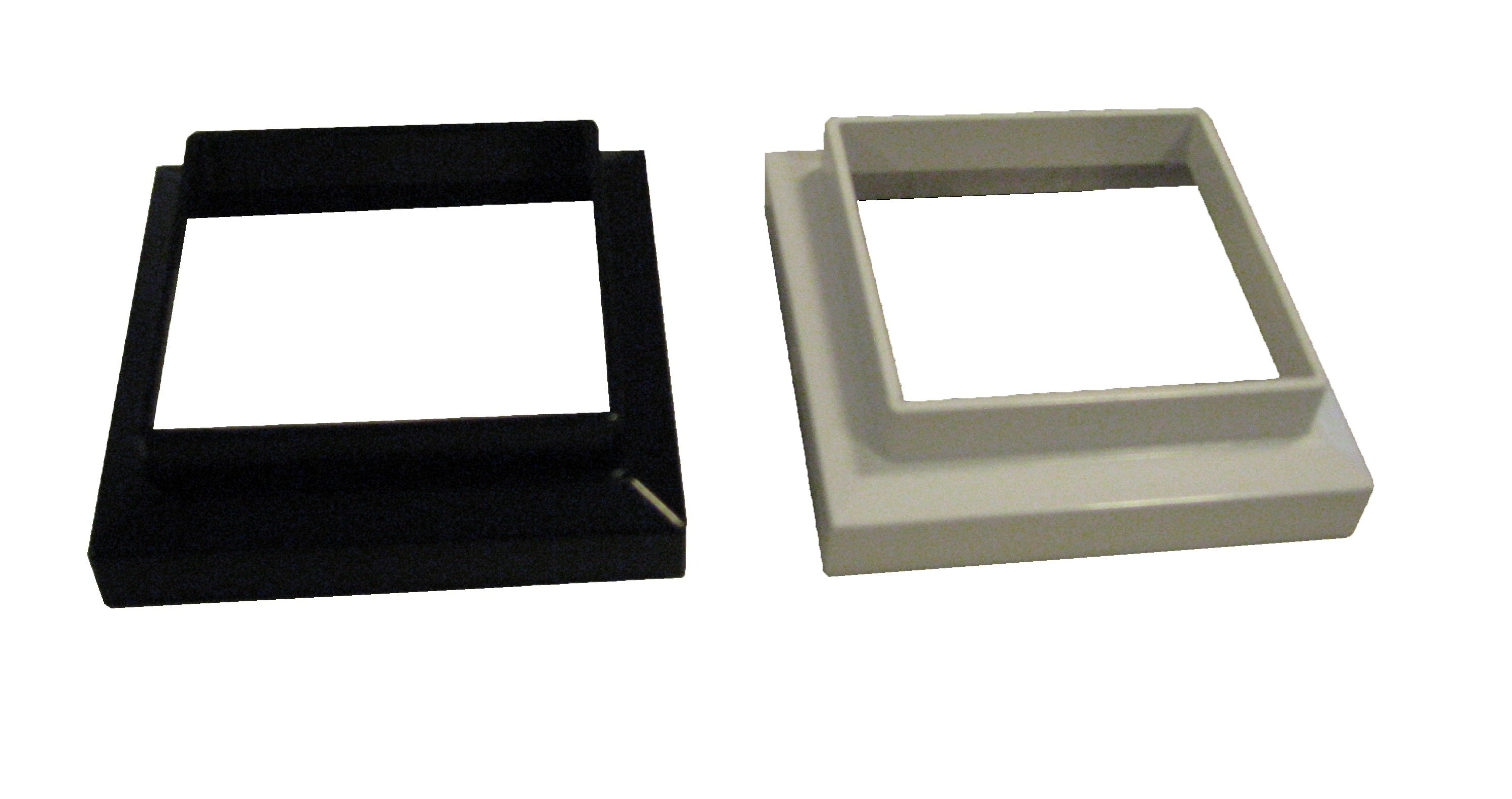 The Classy Post Cap Imperial Solar 3 Adaptor display features two square-shaped black and white bases with raised edges, fitting perfectly for a 3x3 adaptor. Placed on a plain white background, they reveal open central squares sized 2.5x2.5 elegantly side by side.