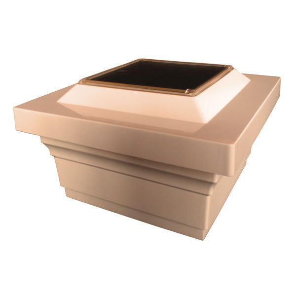 The Classy Post Cap Majestic Solar features a square, tiered design with a solar panel on top. Made of light-colored material, its equipped with LED technology and rechargeable batteries to fit snugly atop posts and efficiently illuminate outdoor spaces.