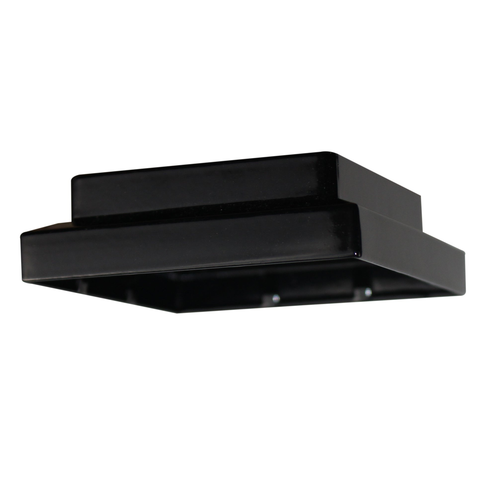 A chic, black, rectangular LED ceiling light fixture with stacked layers is viewed from below against a white backdrop, embodying the sophistication of the Classy Post Cap Imperial Solar 3 Adaptor.