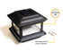 The Classy Post Cap Colonial Solar, made from black cast aluminum, showcases a sleek square design. Its top solar panel includes an auto/off switch label, and it comes with mounting hardware. The clear glass sides add modern elegance to enhance any space as a solar post cap.