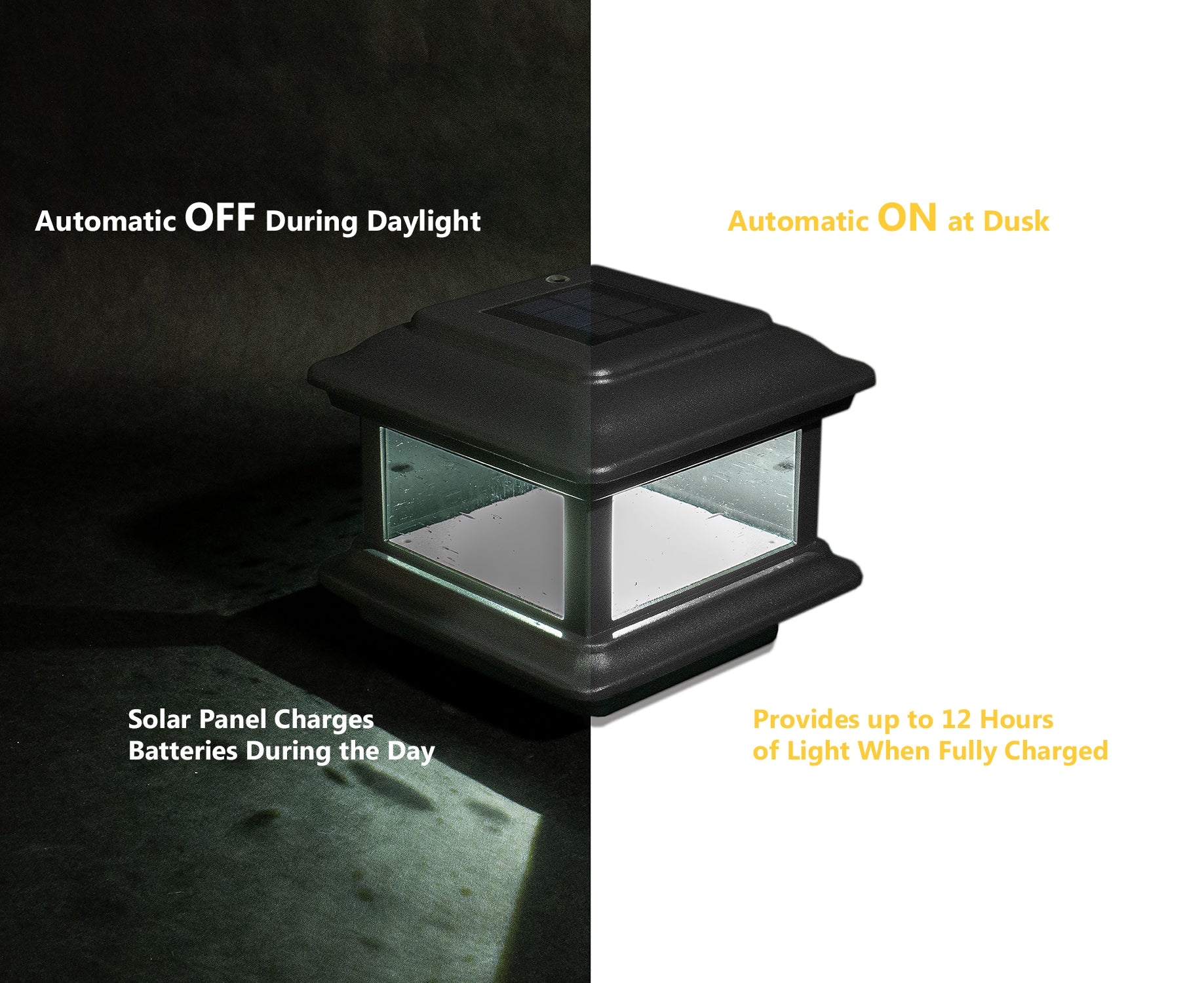 The Classy Post Cap Colonial Solar lantern features pebbled glass panels. The left side shows daytime with Automatic OFF During Daylight and Solar Panel Charges Batteries During the Day. The right side, framed by cast aluminum, shows dusk with Automatic ON at Dusk and Provides up to 12 Hours of Light.