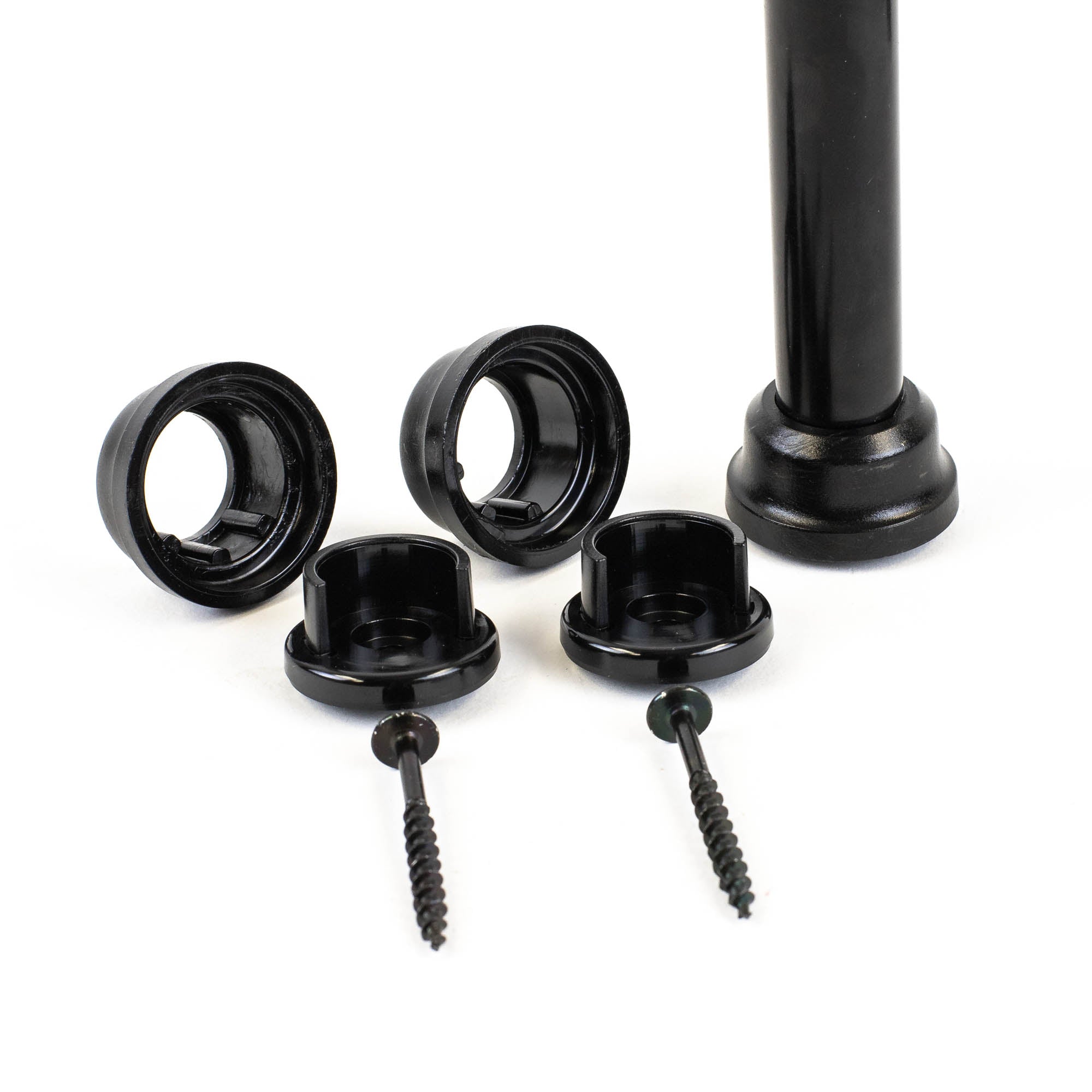 Snapn Lock® Fence Toppers™ - Round features black plastic wall flanges and screws designed for attaching round objects like rods or poles to surfaces, ensuring easy installation and stability.
