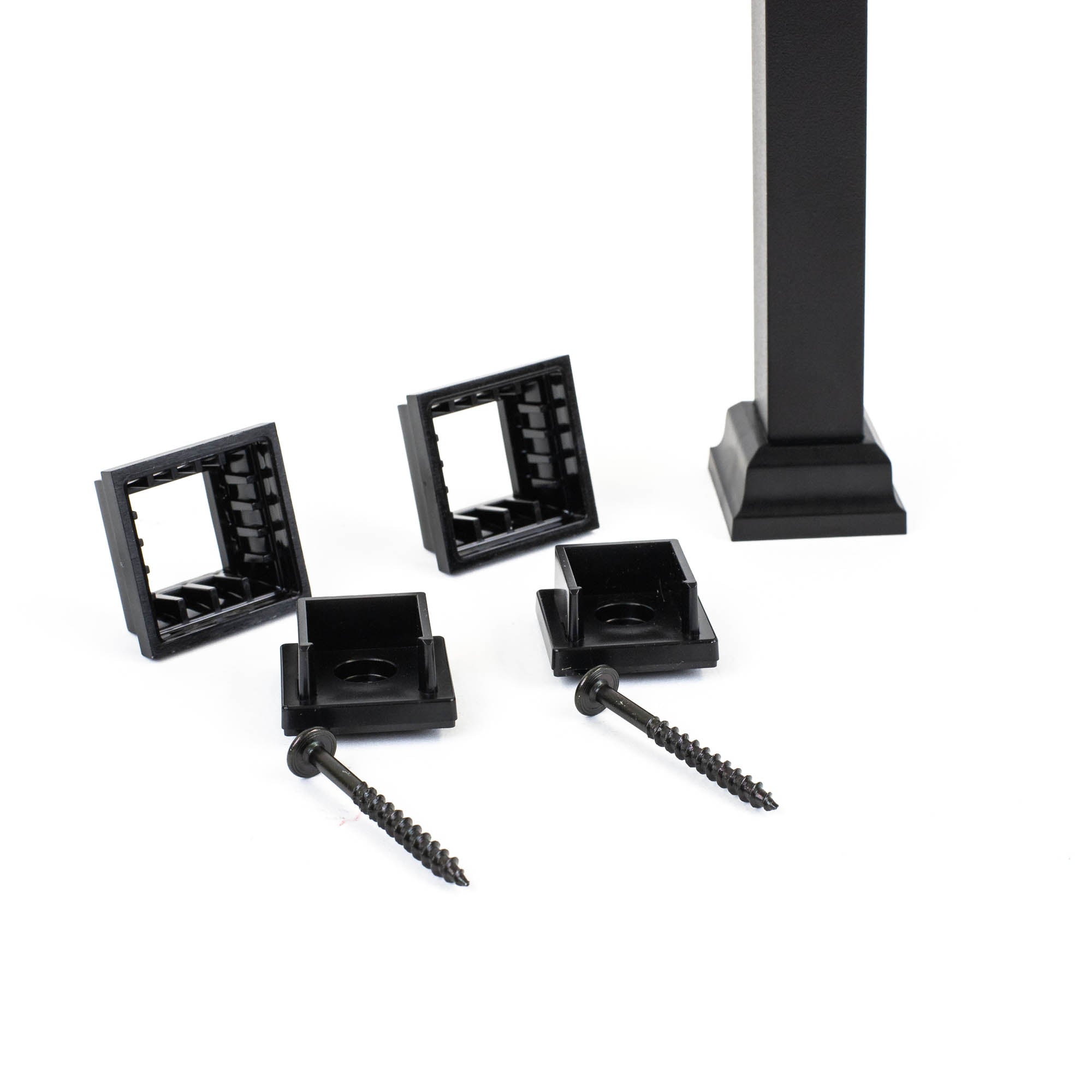 Close-up of Snapn Lock® Fence Toppers™ - Square, featuring black mounting brackets, two screws, and a segment of a square post for privacy fences. The brackets and screws are on a white background with the posts base partially visible.
