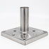 The Post Anchor Single features a stainless steel square base with a raised cylindrical tube in the center, perfect for surface mounting. Its multiple holes ensure secure attachment, while the smooth and reflective finish adds elegance to any project.