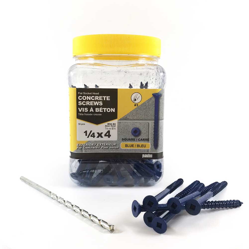 A large plastic container labeled Concrete Screws - Flat Socket Head, 1/4 x 4, contains blue zinc dichromate screws with a small drill bit. Some screws are spread out in front. Perfect for securing post anchors in durable construction projects.