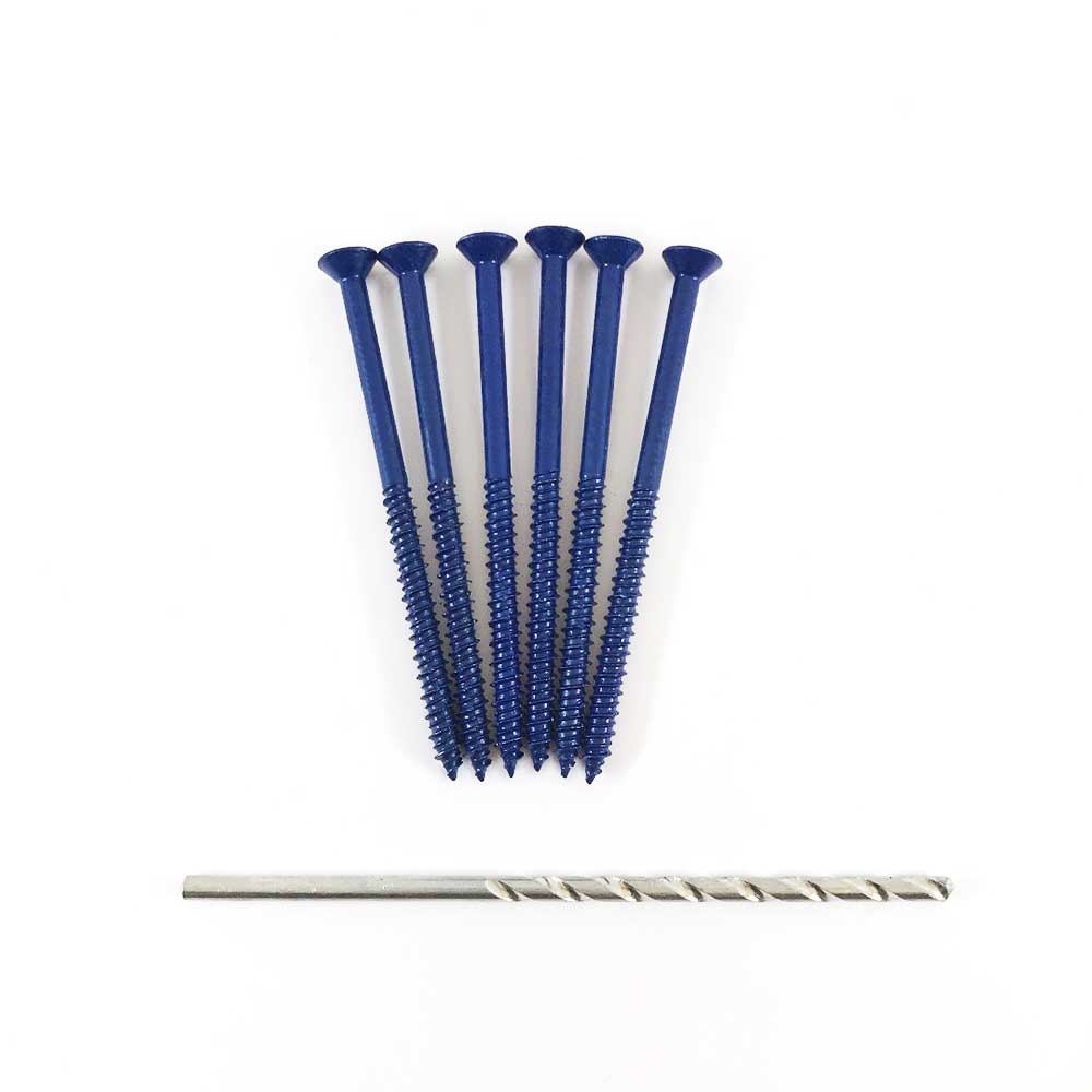 Concrete screws with flat socket heads, crafted with blue zinc dichromate for enhanced durability, arranged in a fan shape with a silver masonry drill bit below them on a white background.