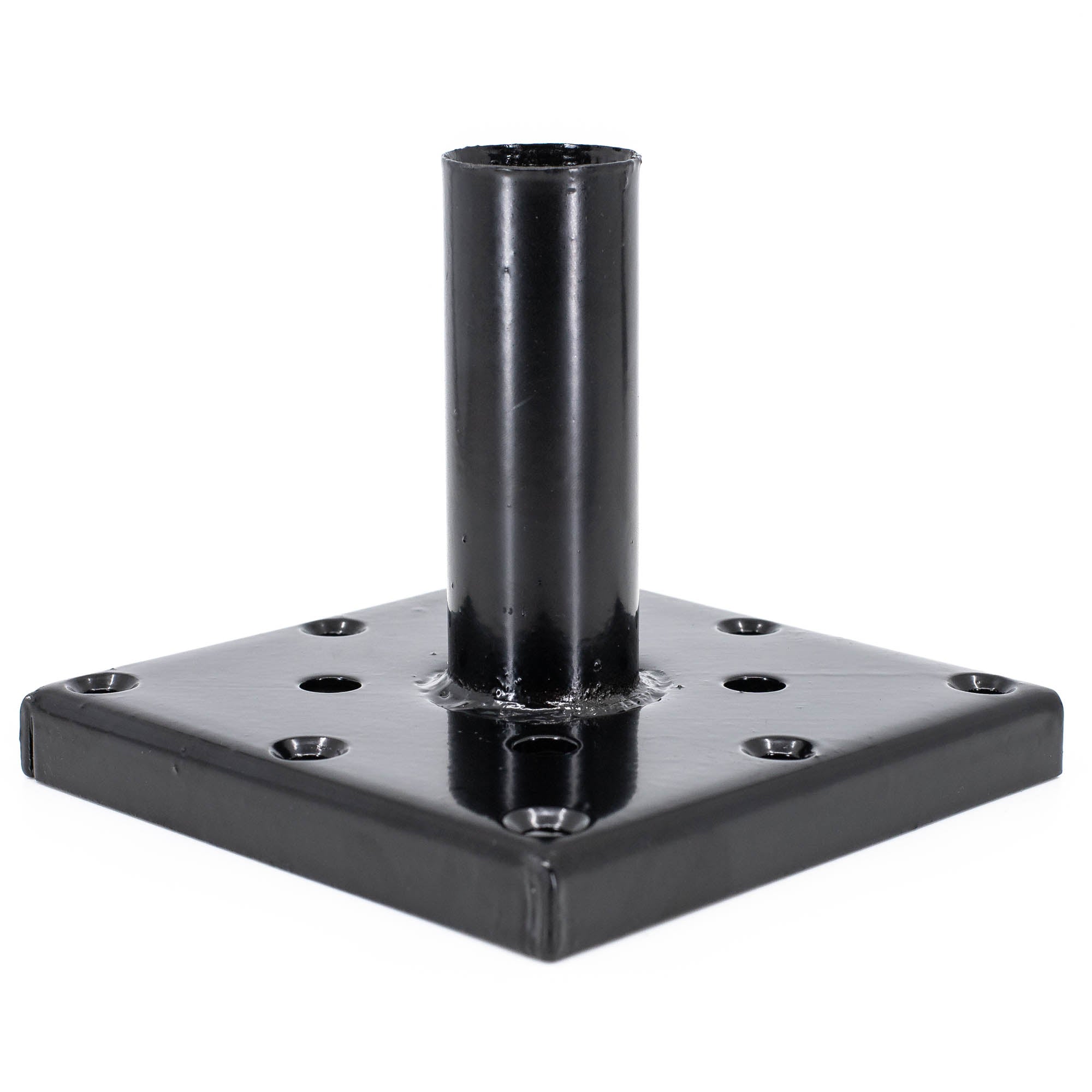 The Post Anchor Single is a black metal bracket with a square base and a central cylindrical tube for surface mounting. Similar to the Titan Wood Post Anchor™, it has multiple holes for secure installation, while its glossy finish stands out against a plain white background.