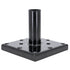 The Post Anchor Single is a black metal bracket with a square base and a central cylindrical tube for surface mounting. Similar to the Titan Wood Post Anchor™, it has multiple holes for secure installation, while its glossy finish stands out against a plain white background.