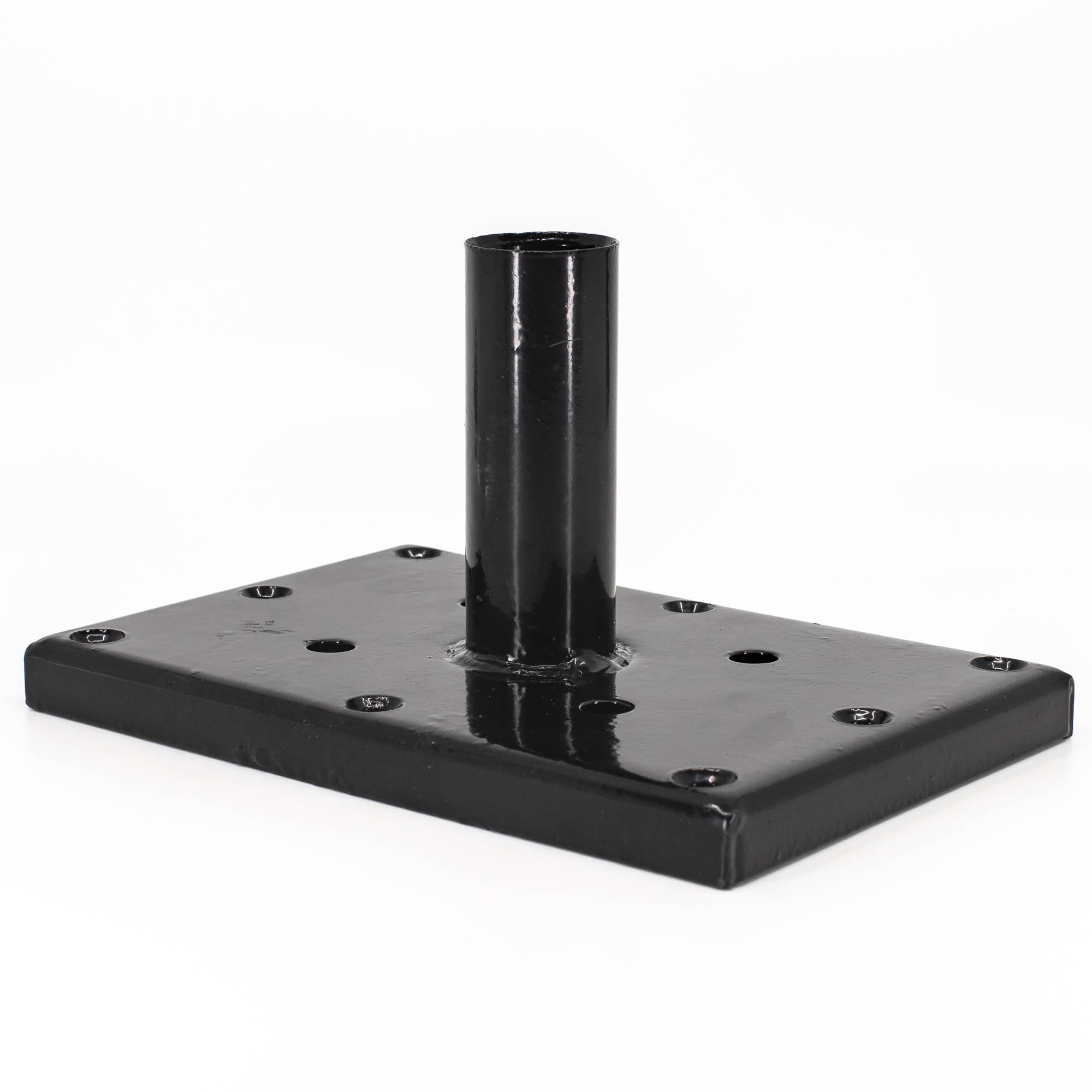 The Post Anchor Single is a black metal mounting bracket with a rectangular base, vertical cylindrical tube, and glossy finish. Its ideal for surface mounting with multiple holes for screws or bolts and works perfectly as a Titan Wood Post Anchor™.