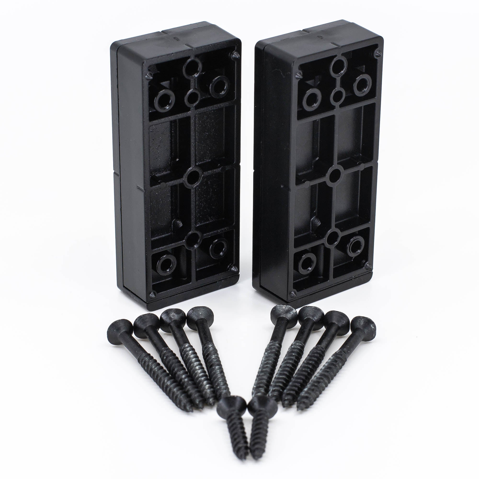 Two Shadow Rail™ Connector - Level brackets in black are aligned vertically, perfect for deck railings. Ten black screws are arranged in two rows in front of them on a plain white background for a clear focus on the product elements.