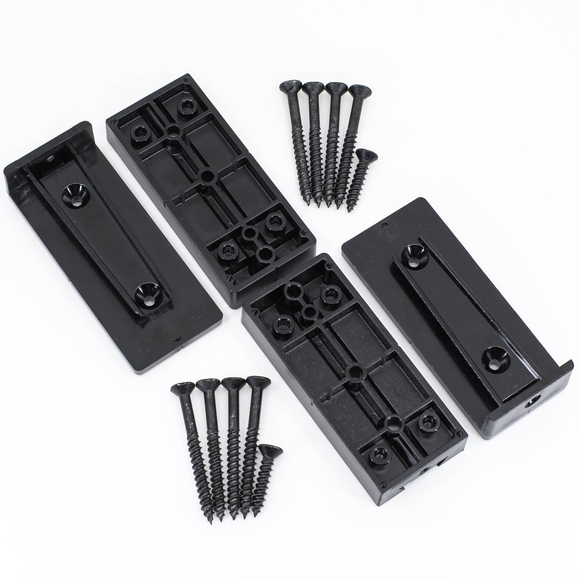 Shadow Rail™ Connector - Level brackets made from UV-protected black polycarbonate feature grooved designs and multiple screw holes, all arranged with black screws on a white background. Perfect for deck railings.