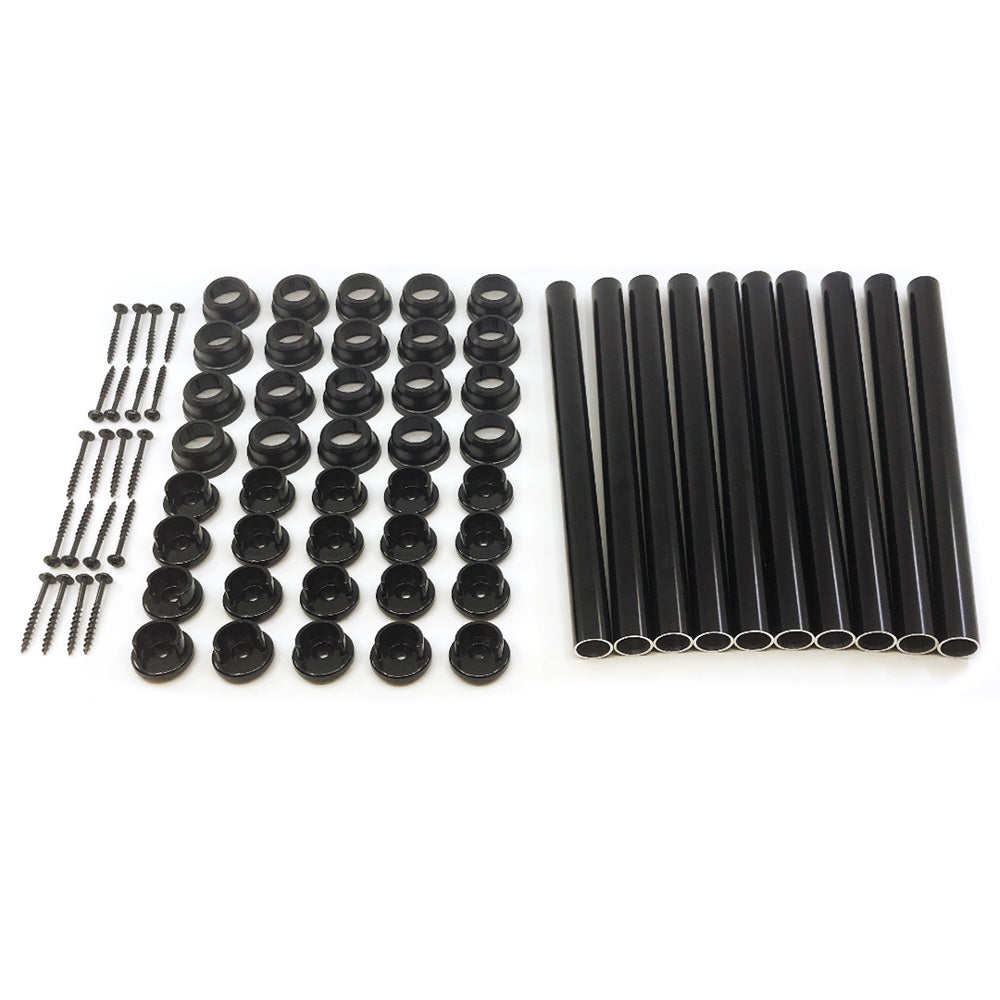 The Snapn Lock® Fence Toppers™ - Round, a set of black cylindrical rods, screws, and circular caps designed like sleek aluminum balusters, is arranged neatly on a white background.
