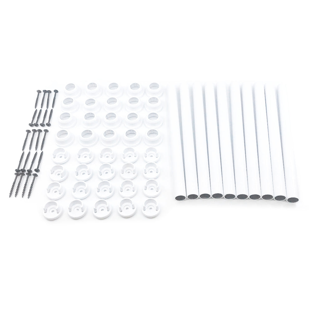A neatly arranged set of hardware components on a white background showcases screws, cylindrical rods, and circular fittings. Among them, Snapn Lock® Fence Toppers™ - Round add a sleek touch with their modern design.