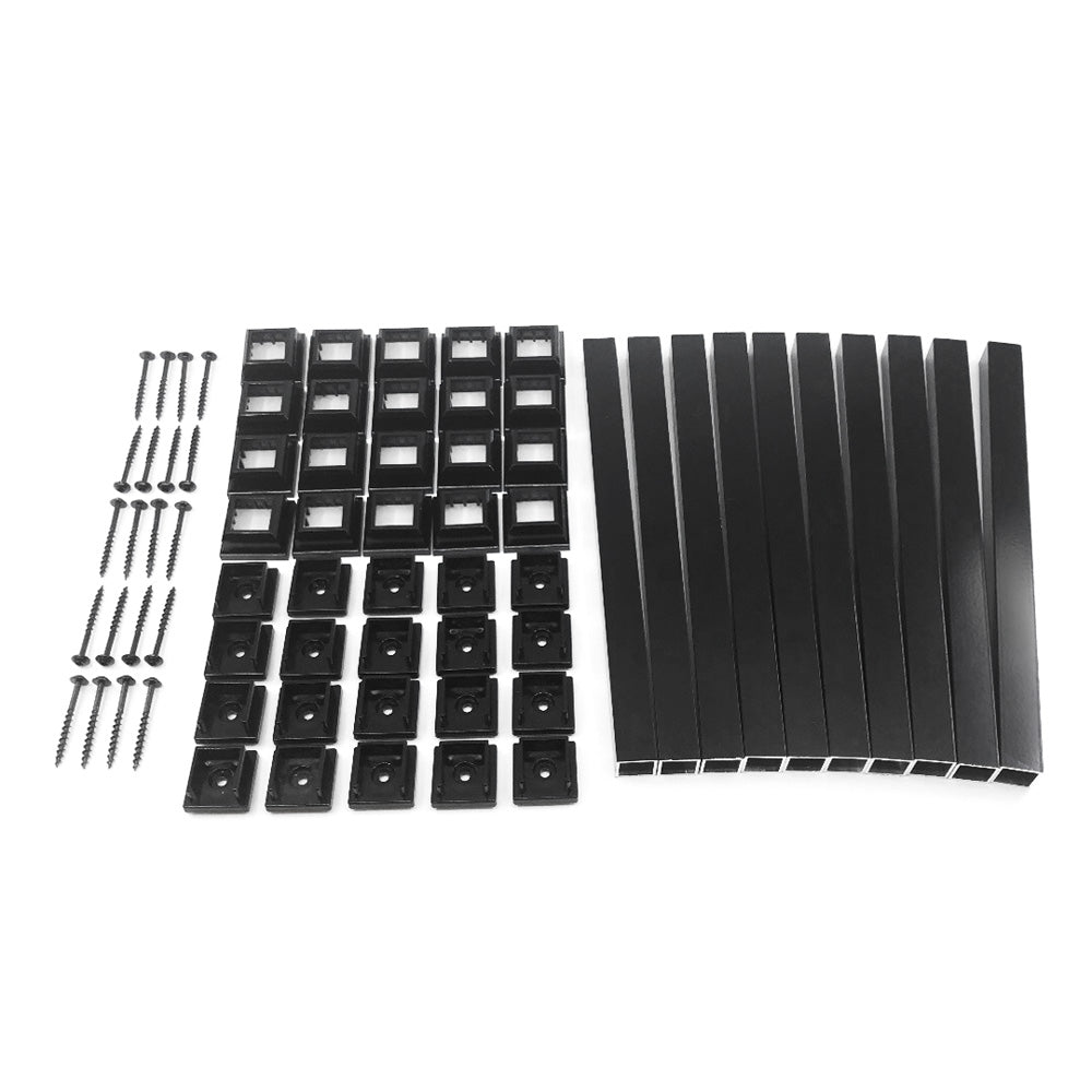 The Snapn Lock® Fence Toppers™ - Square set consists of black metal brackets, screws, and square connectors. The layout features rows of screws on the left, square connectors in the center, and elongated brackets on the right, all neatly arranged against a plain white background.