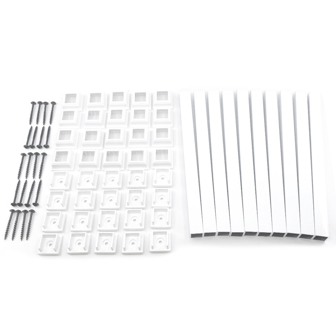 Snapn Lock® Fence Toppers™ - Square, featuring twelve long slats, a grid of small square hook bases, and a row of screws on a crisp white background.