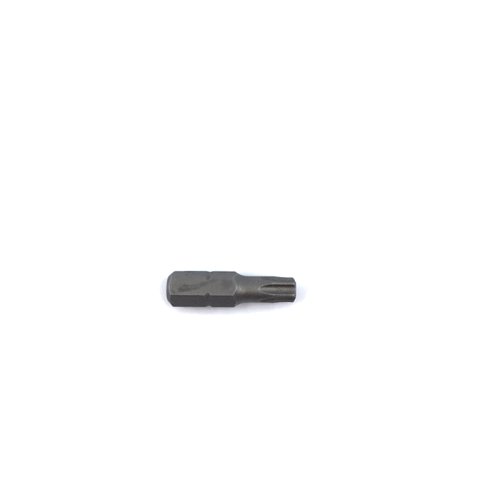 The T27 Six Lobe Driver Bit, featuring a small, dark design with a hexagonal base and star-shaped tip, is perfect for securing Titan Wood Post Anchors. This versatile tool is isolated on a plain white background.
