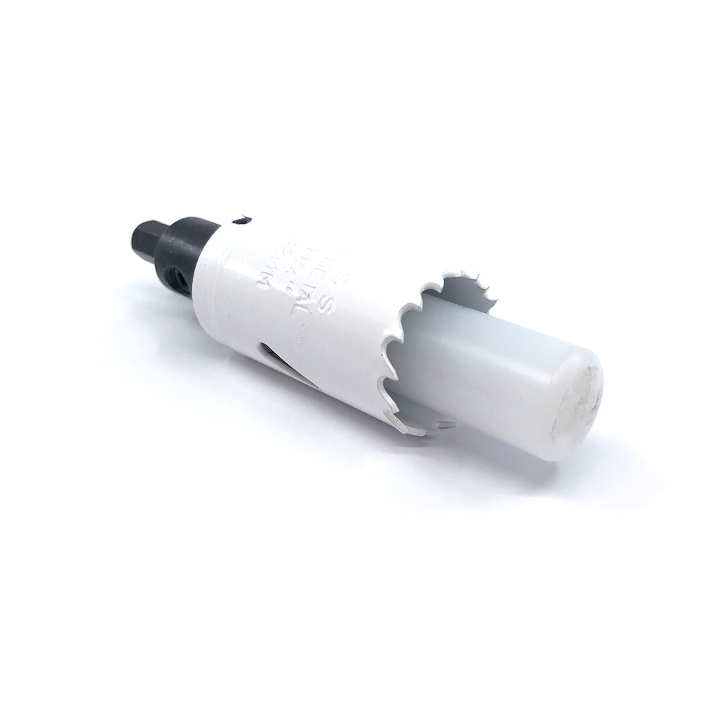 A Hole Saw with Guide Rod features jagged edges and is attached to a drill bit against a white background. Ideal for creating circular holes in tough materials, its perfect for precise placements like Titan Post Anchors or Quattro posts in engineered cedar projects.