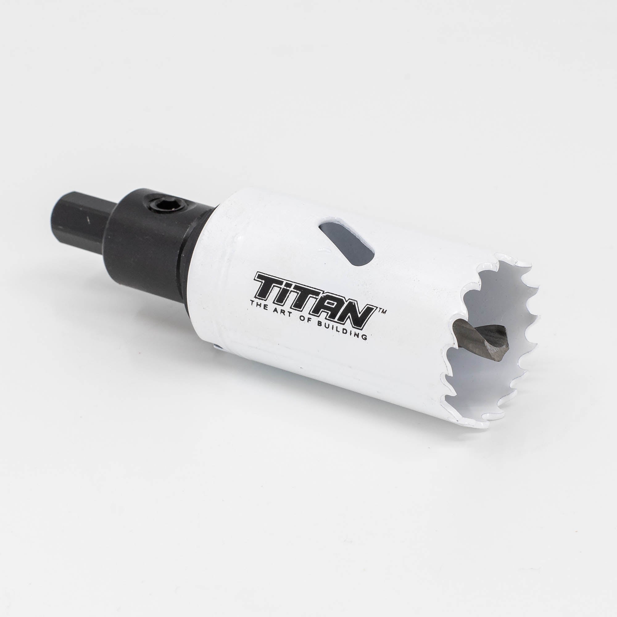 Close-up of a Hole Saw & Arbor with jagged edges and black attachment. Titan and the slogan The Art of Building are printed in black. A sturdy guide rod complements the tool, showcased on a pristine white background.