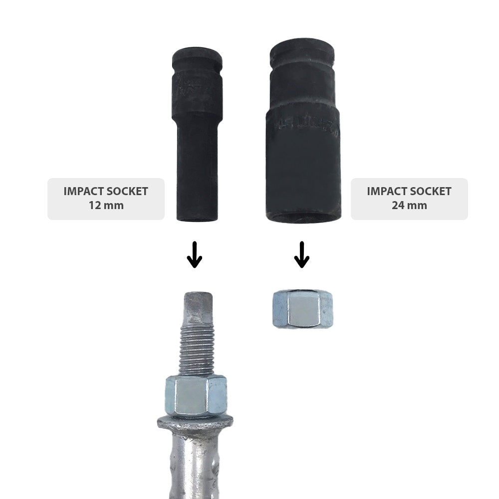 Displayed are two Impact Sockets labeled 12 mm and 24 mm, each with an arrow pointing to a respective nut on a threaded bolt.