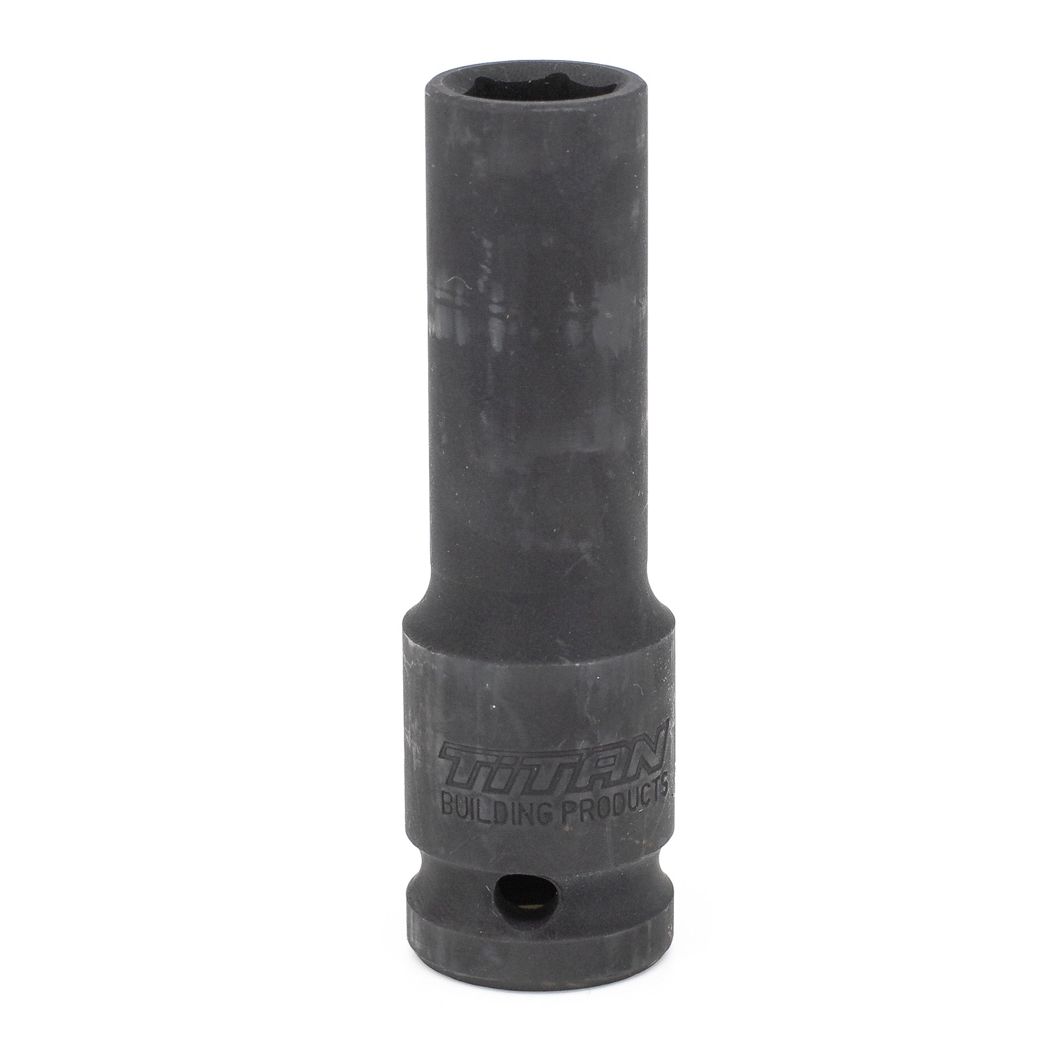 The Impact Socket is a black, cylindrical deep impact tool crafted from durable chrome vanadium metal for use with a wrench or ratchet. It has a slightly textured surface and features the engraving Titan Building Products.