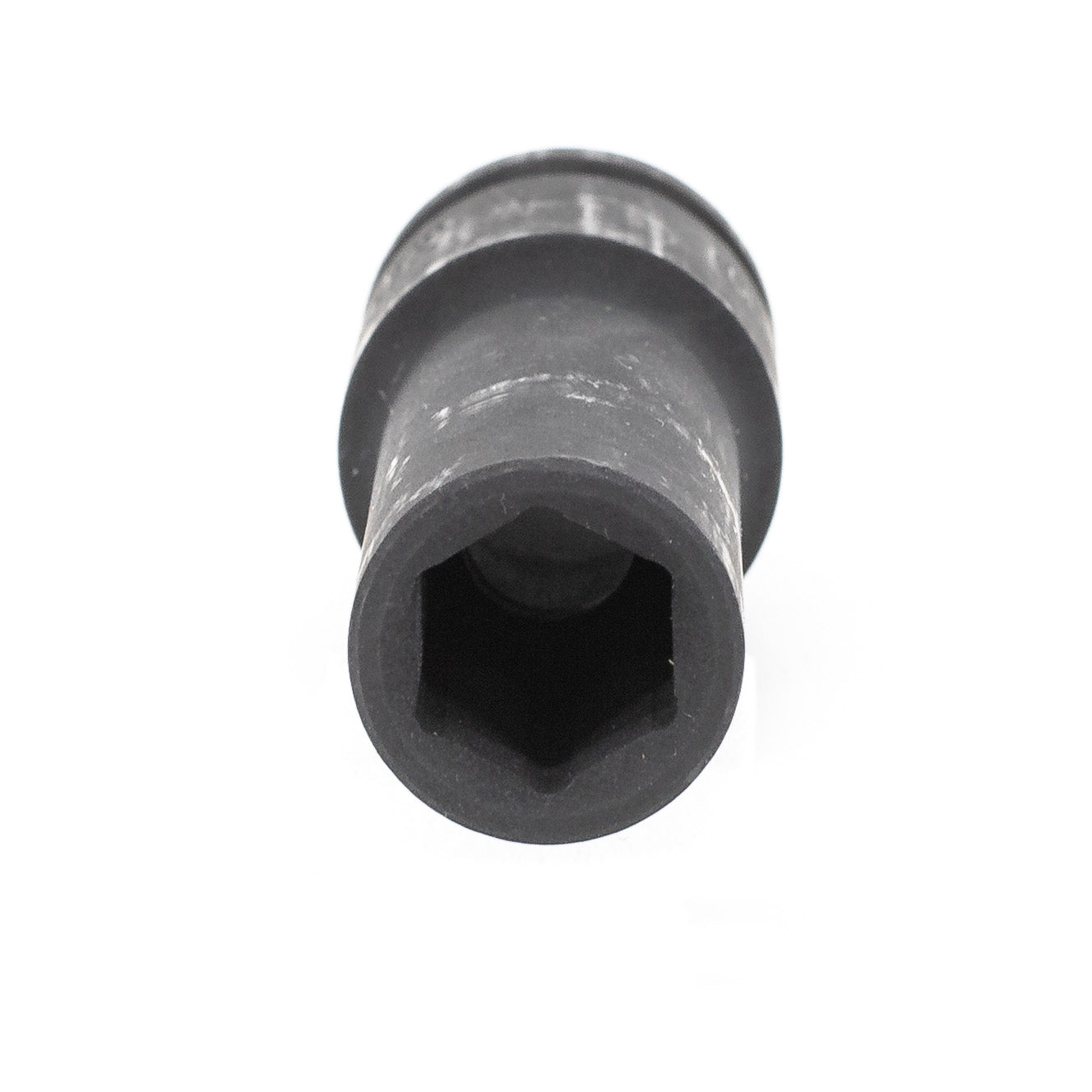 A close-up image features a black, cylindrical Impact Socket made from chrome vanadium. Its textured surface and open end fit snugly over bolt heads. Set on a plain white background, it stands out in the versatile deep impact sockets bundle.
